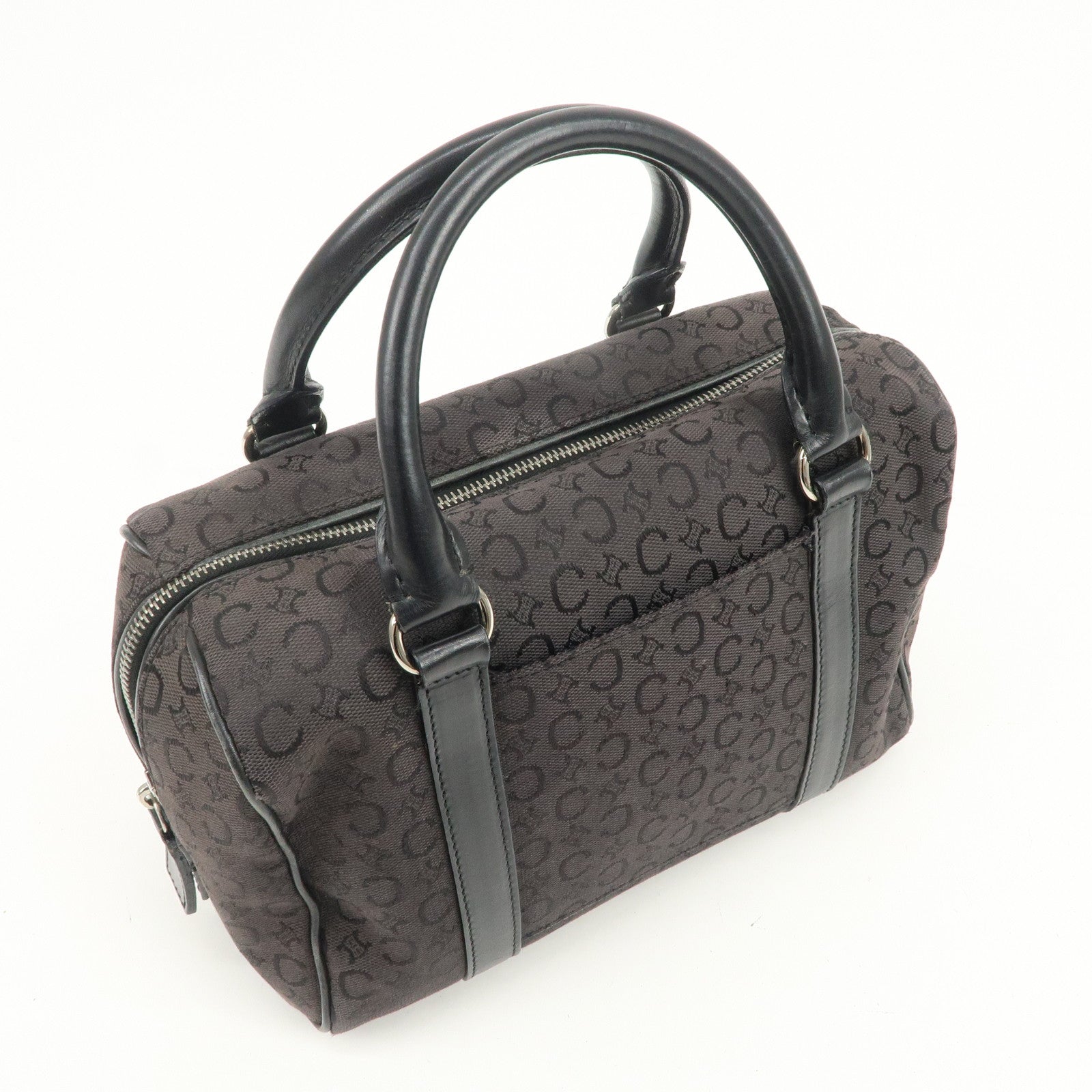 CELINE C Macadam Canvas Leather Boston Bag Hand Bag Black