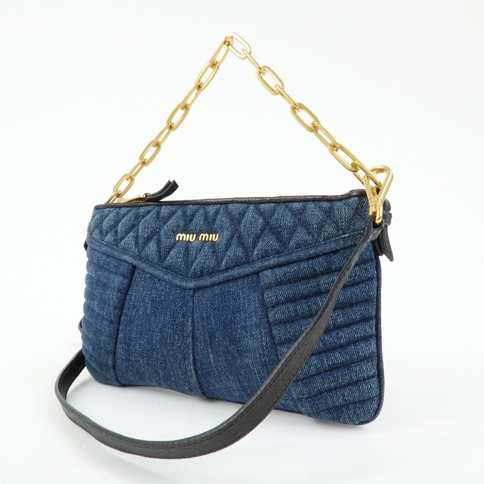 MIU MIU Denim Leather Chain Biker 2Way Bag Hand Bag Shoulder Bag RP0374