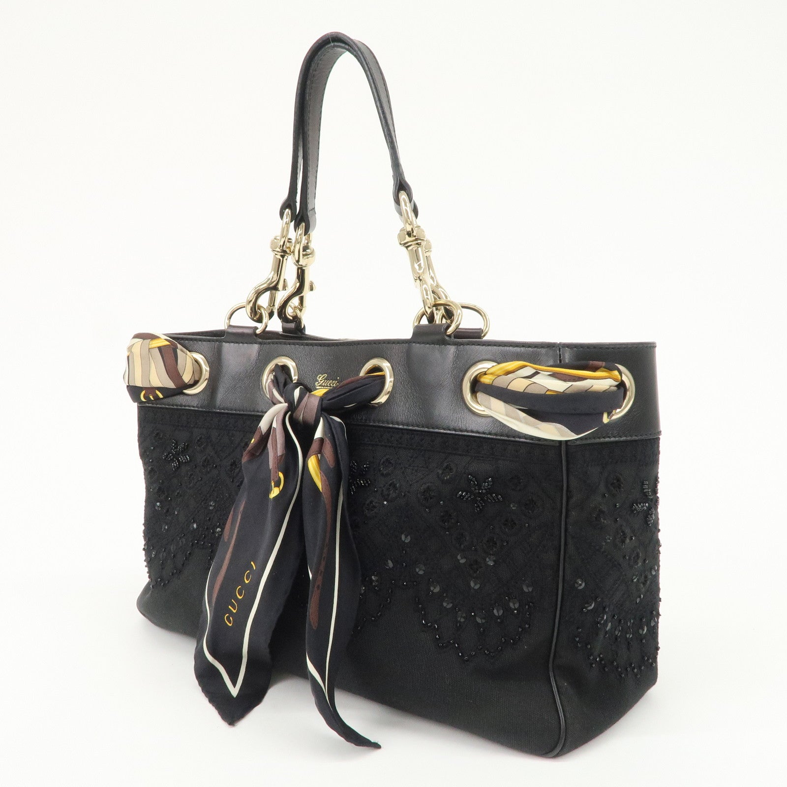 GUCCI Canvas Leather Hand Bag Tote Bag Black 163861