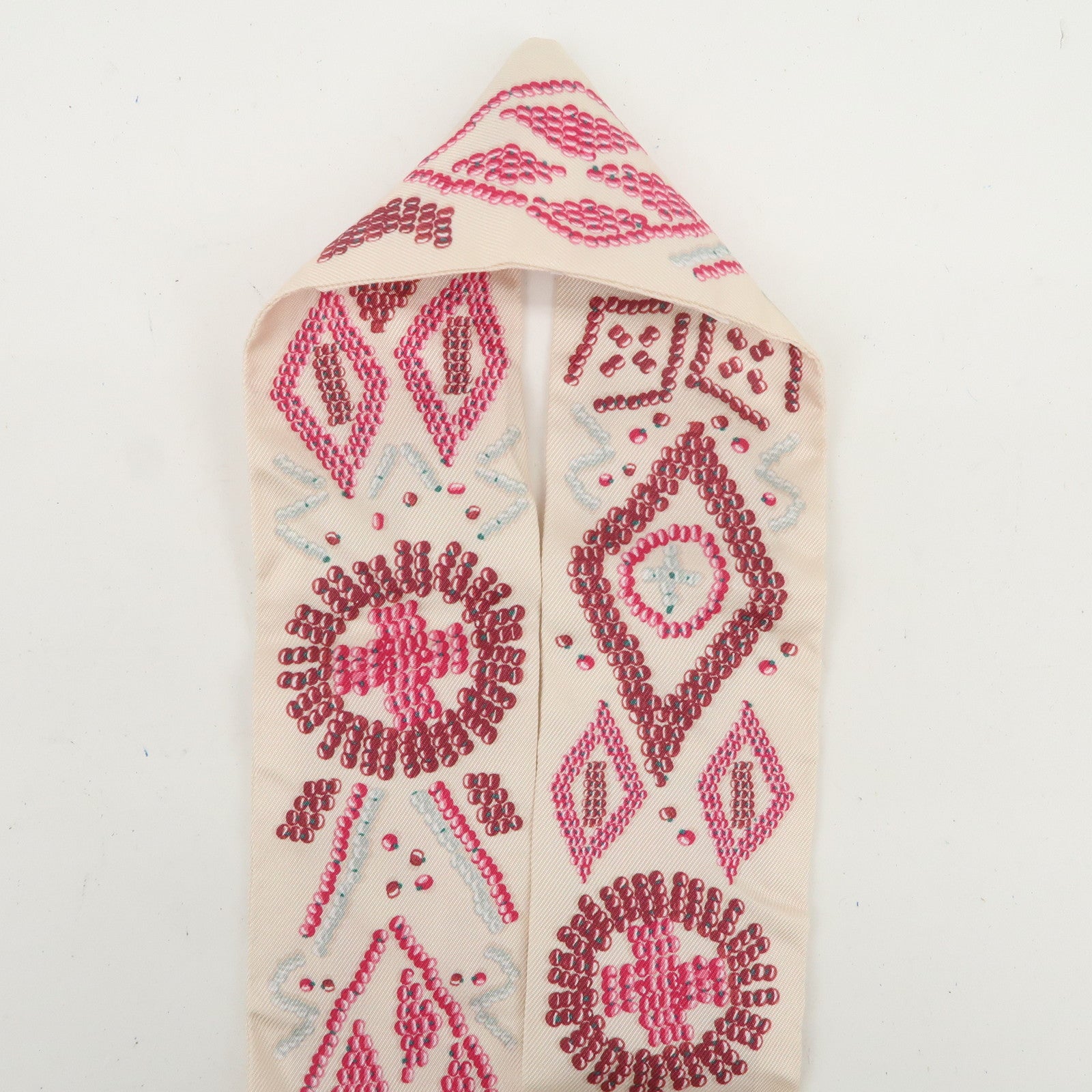 HERMES Twilly Silk 100% KELLY EN PERLES Scarf Ivory Pink
