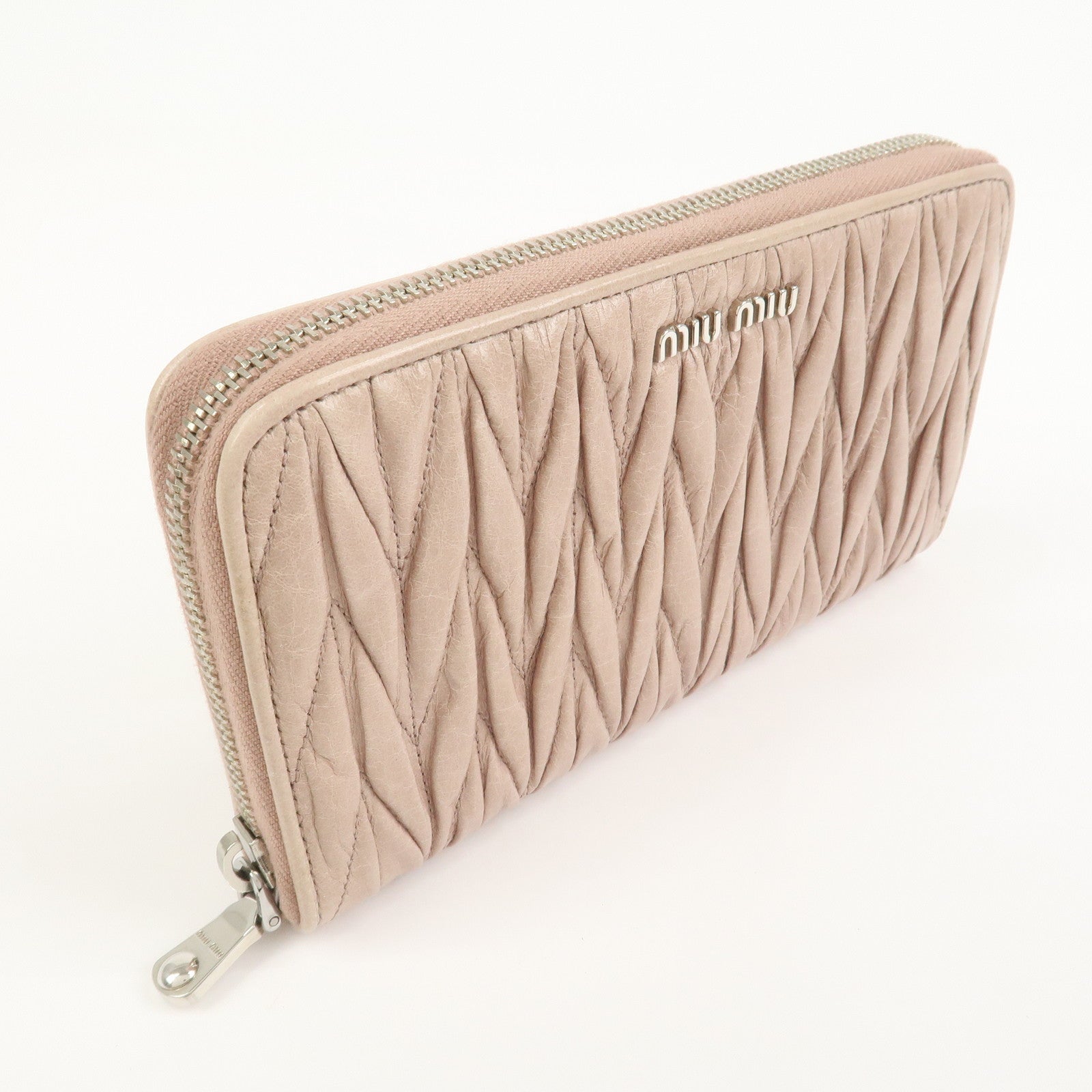 MIU MIU Matelasse Leather Round Zipper Long Wallet Beige 5M0506