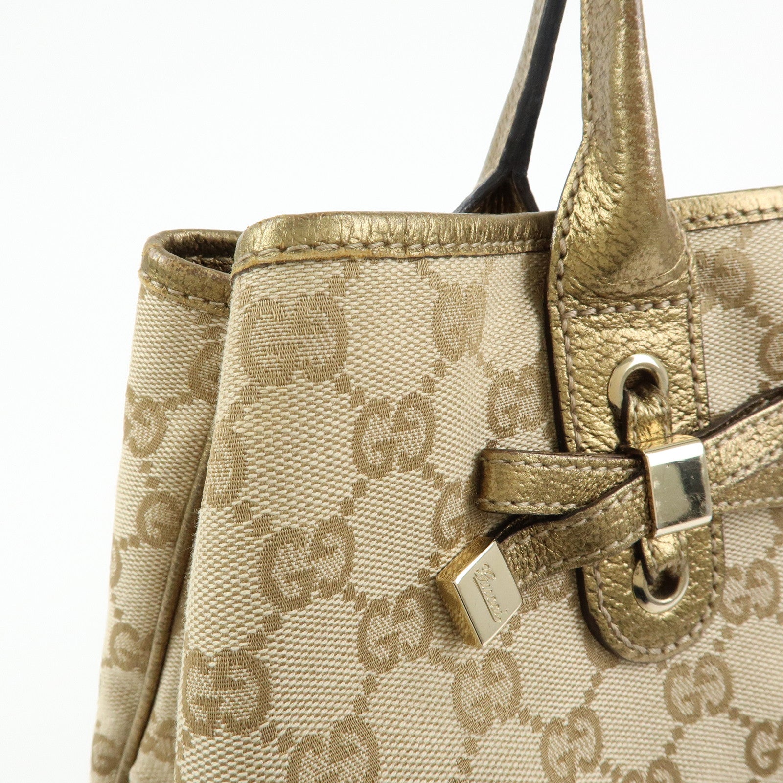 GUCCI Princy GG Canvas Leather Tote Shoulder Bag Beige Gold 163805