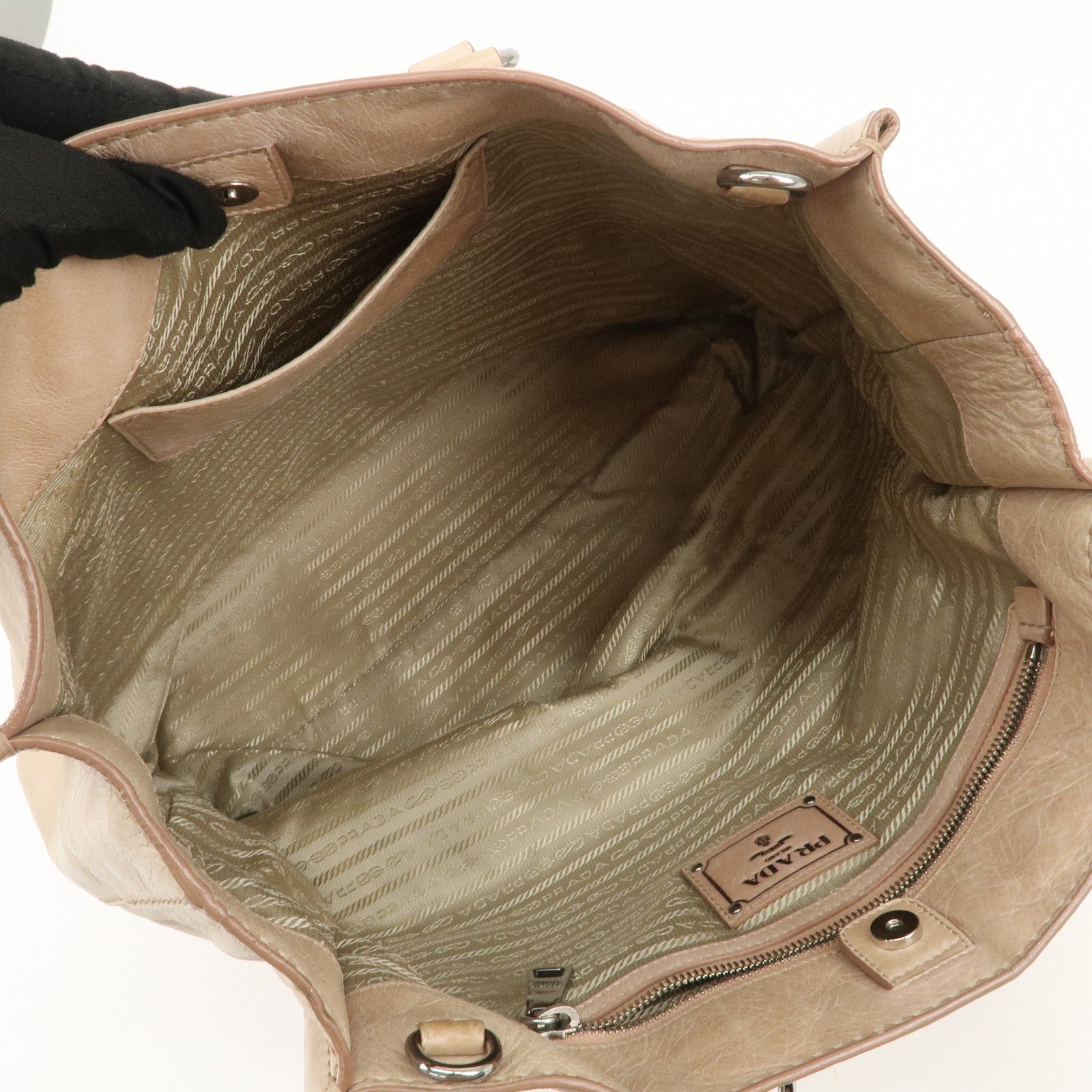 PRADA Triangle Logo Leather 2Way Hand Bag Shoulder Bag Beige BR4617