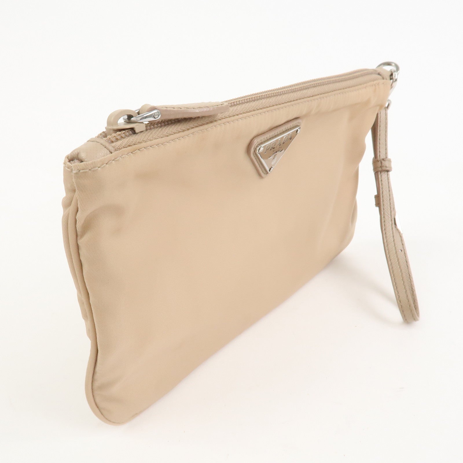PRADA Triangle Logo TESSUTO Hand Bag Pouch Beige 1NH545