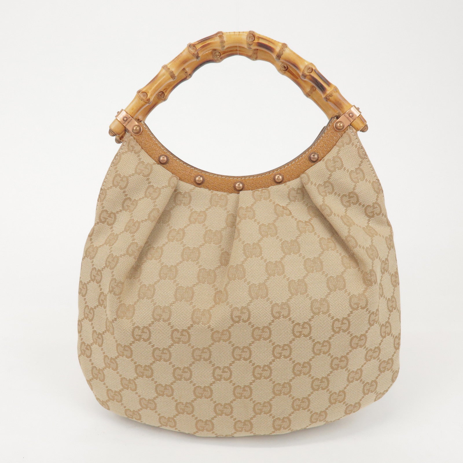GUCCI Bamboo GG Canvas Leather Hand Bag Beige 124297