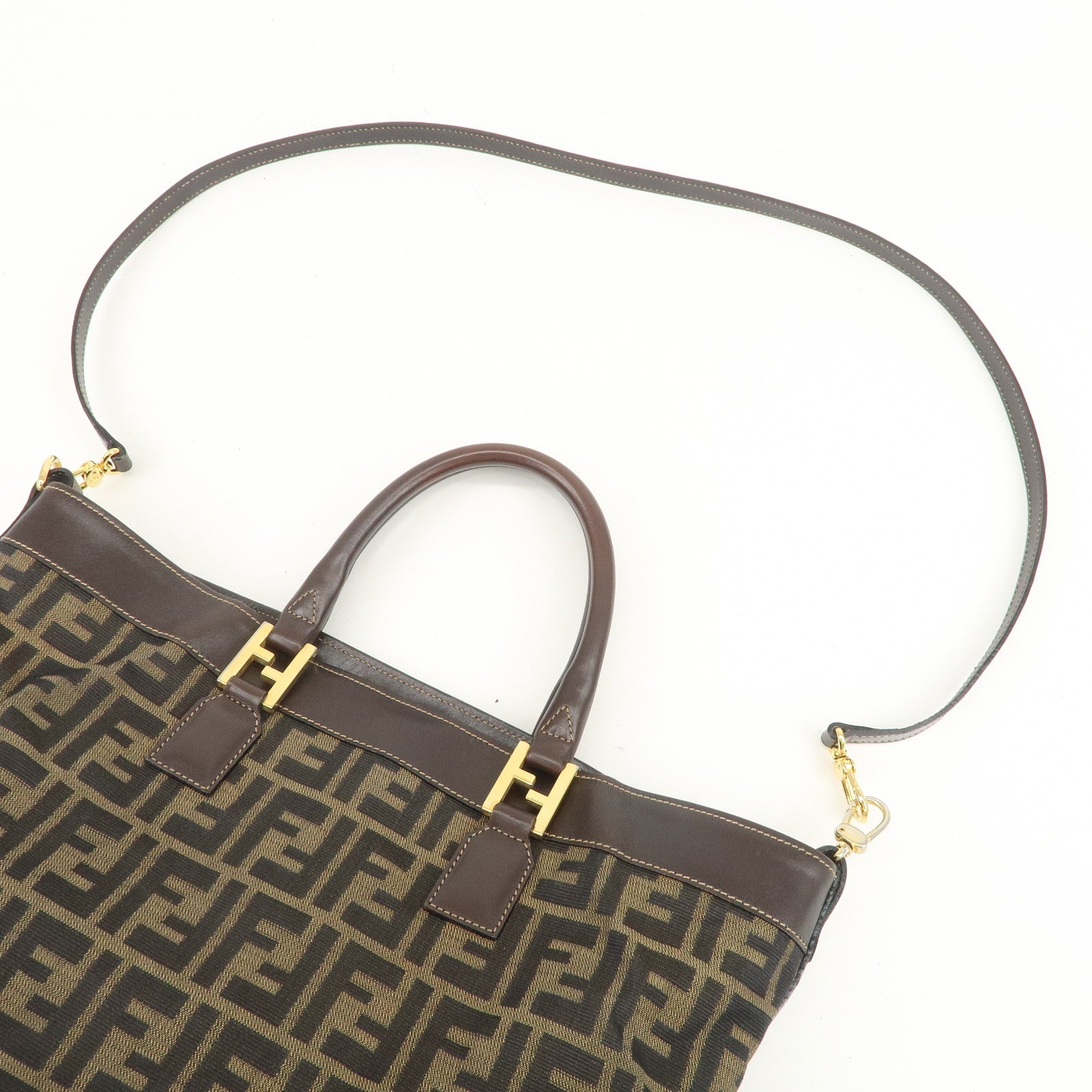 FENDI Zucca Canvas Leather 2Way Bag Hand Bag Shoulder Bag Brown