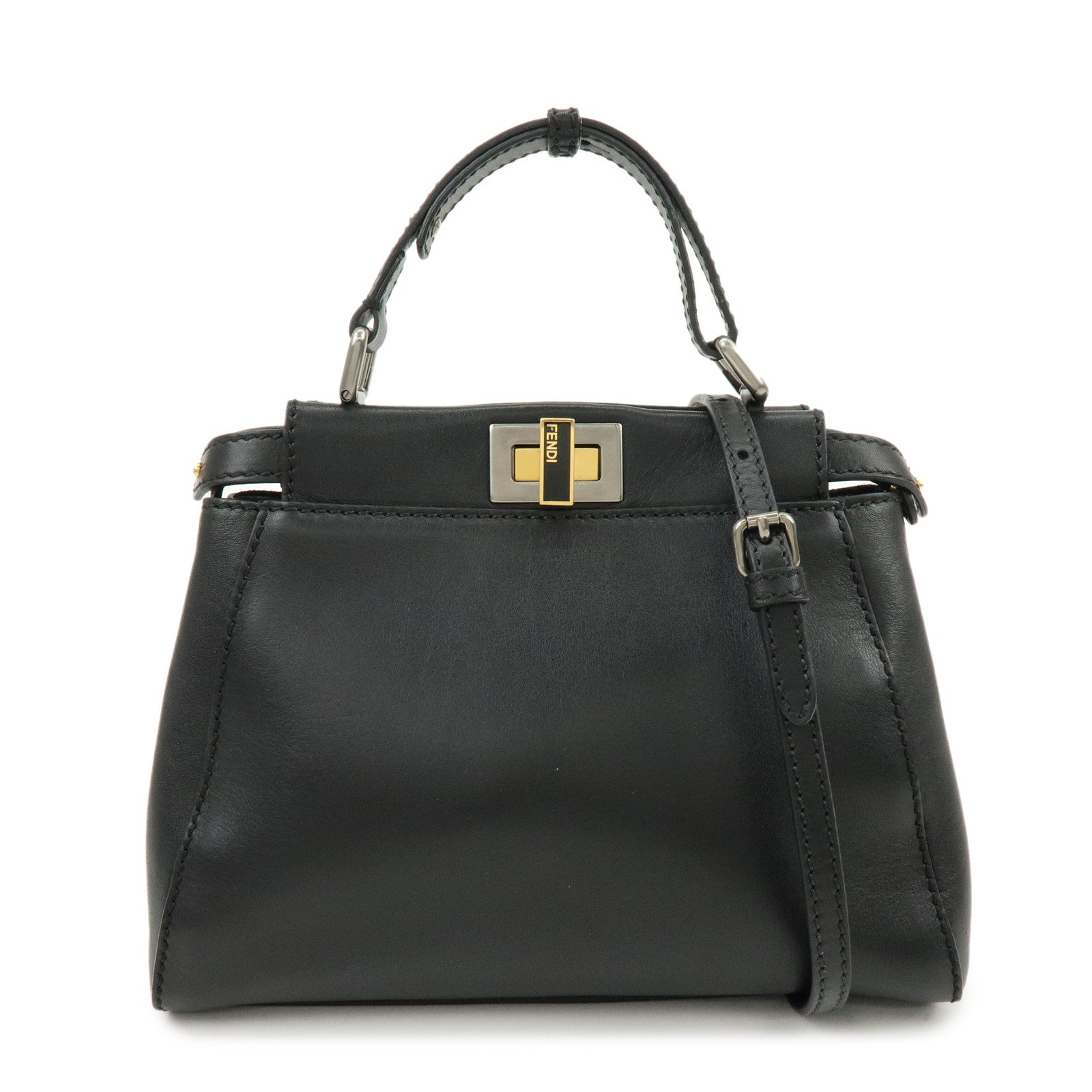 FENDI Peekaboo Leather 2Way Bag Hand Bag Shoulder Bag Black 8BN227