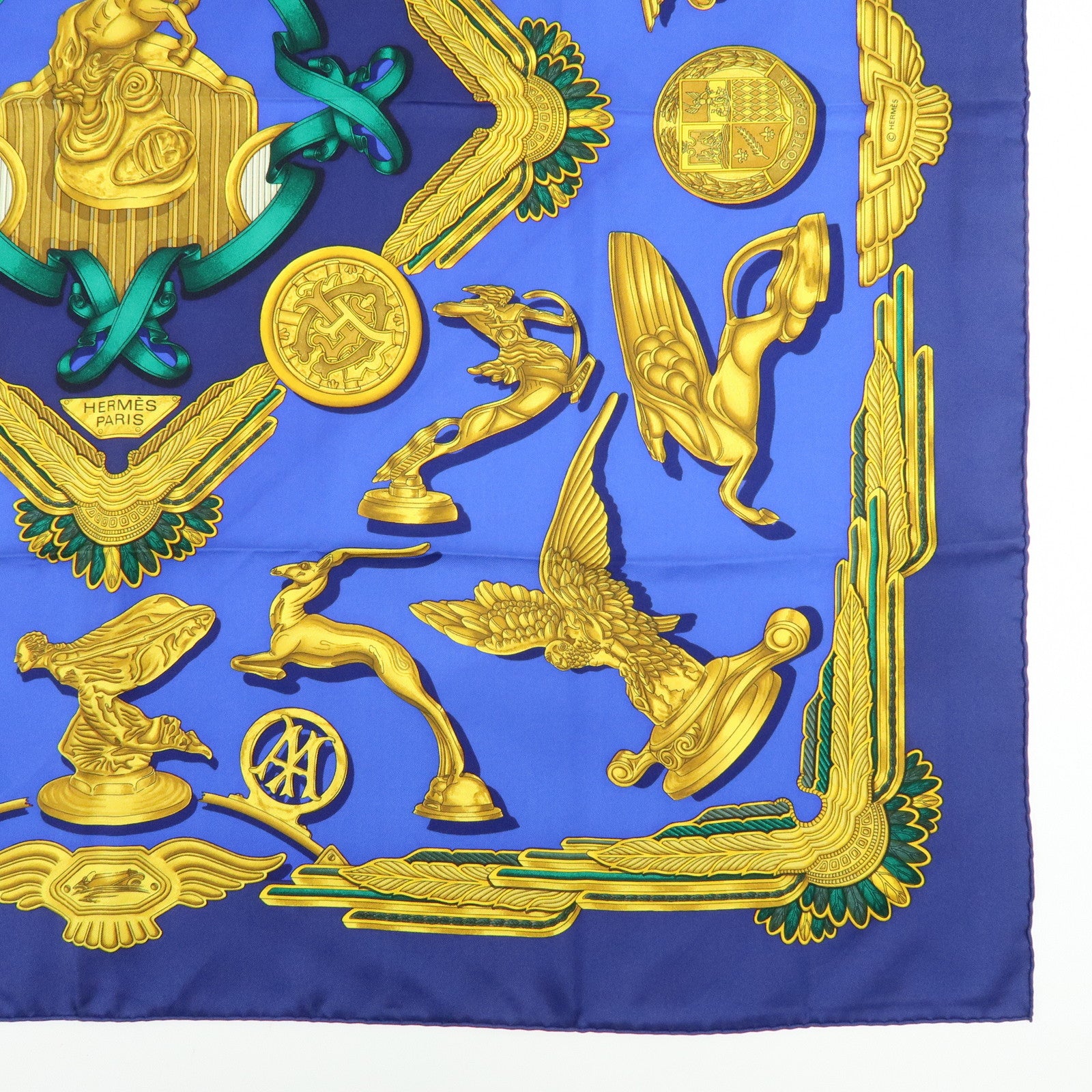 HERMES Carre 90 Silk 100% Scarf LES PARURES DU VENT Navy Gold