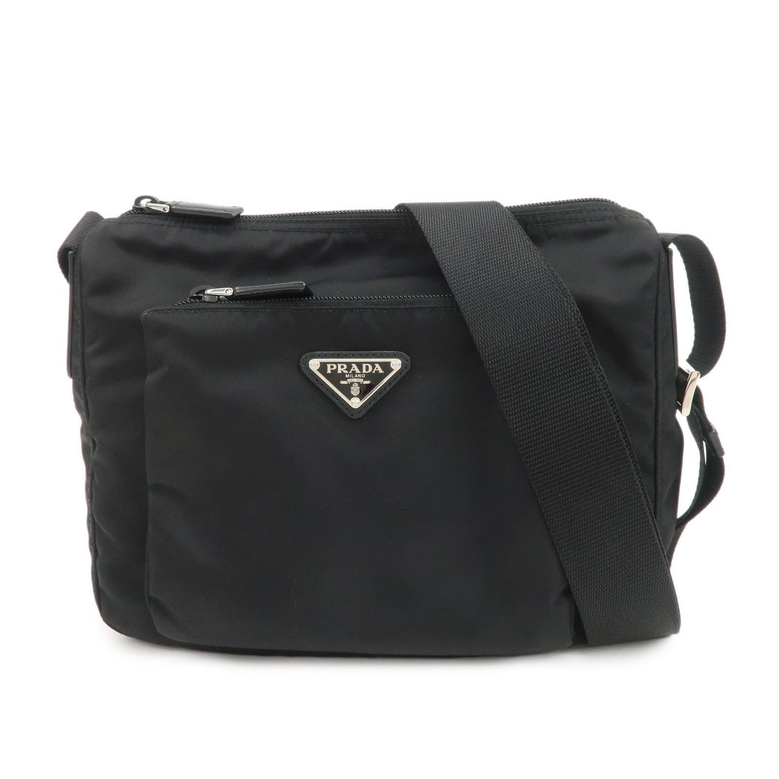 PRADA Triangle Logo Nylon Saffiano Leather Shoulder Bag Black