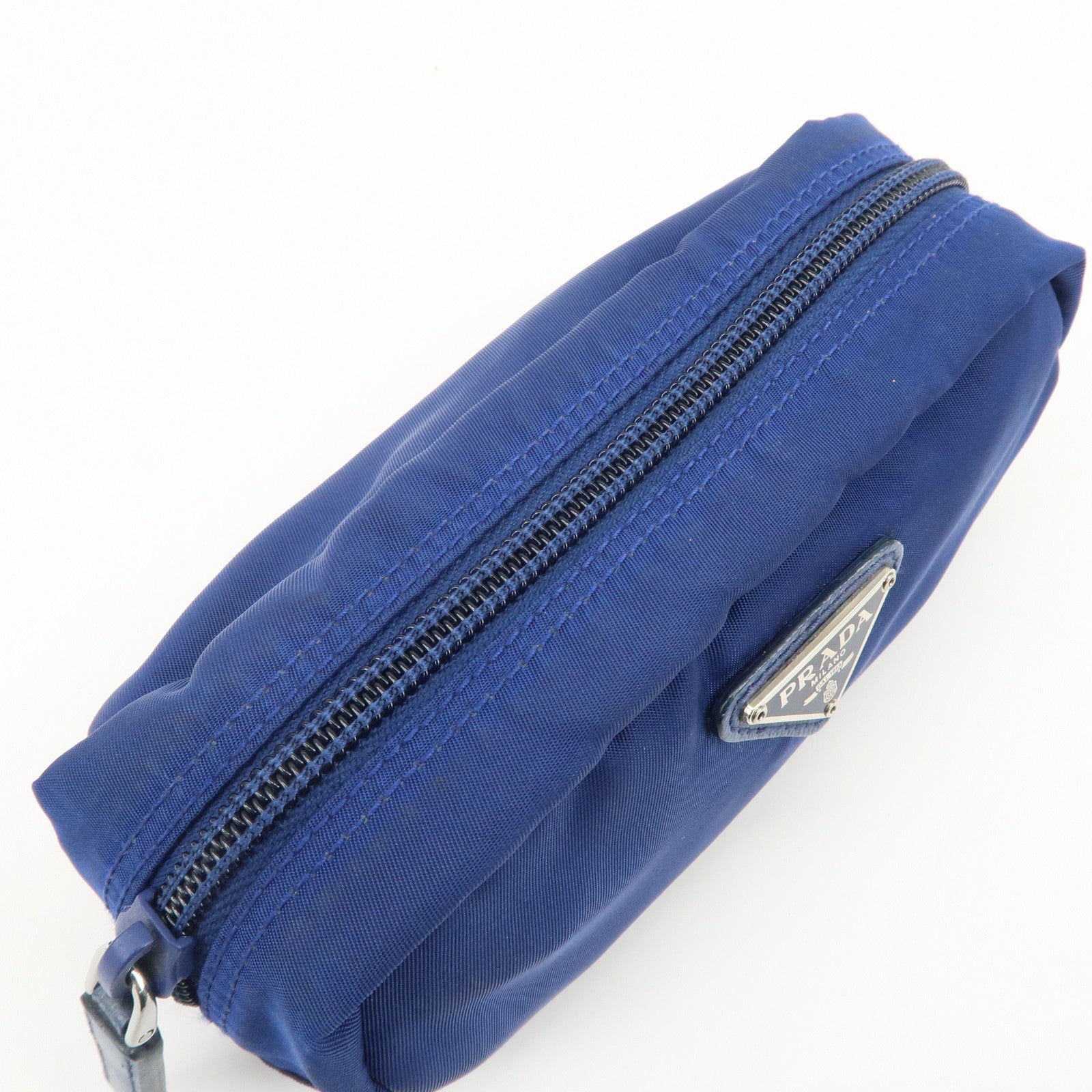 PRADA Triangle Logo Nylon Leather Cosmetic Pouch Blue 1N0175