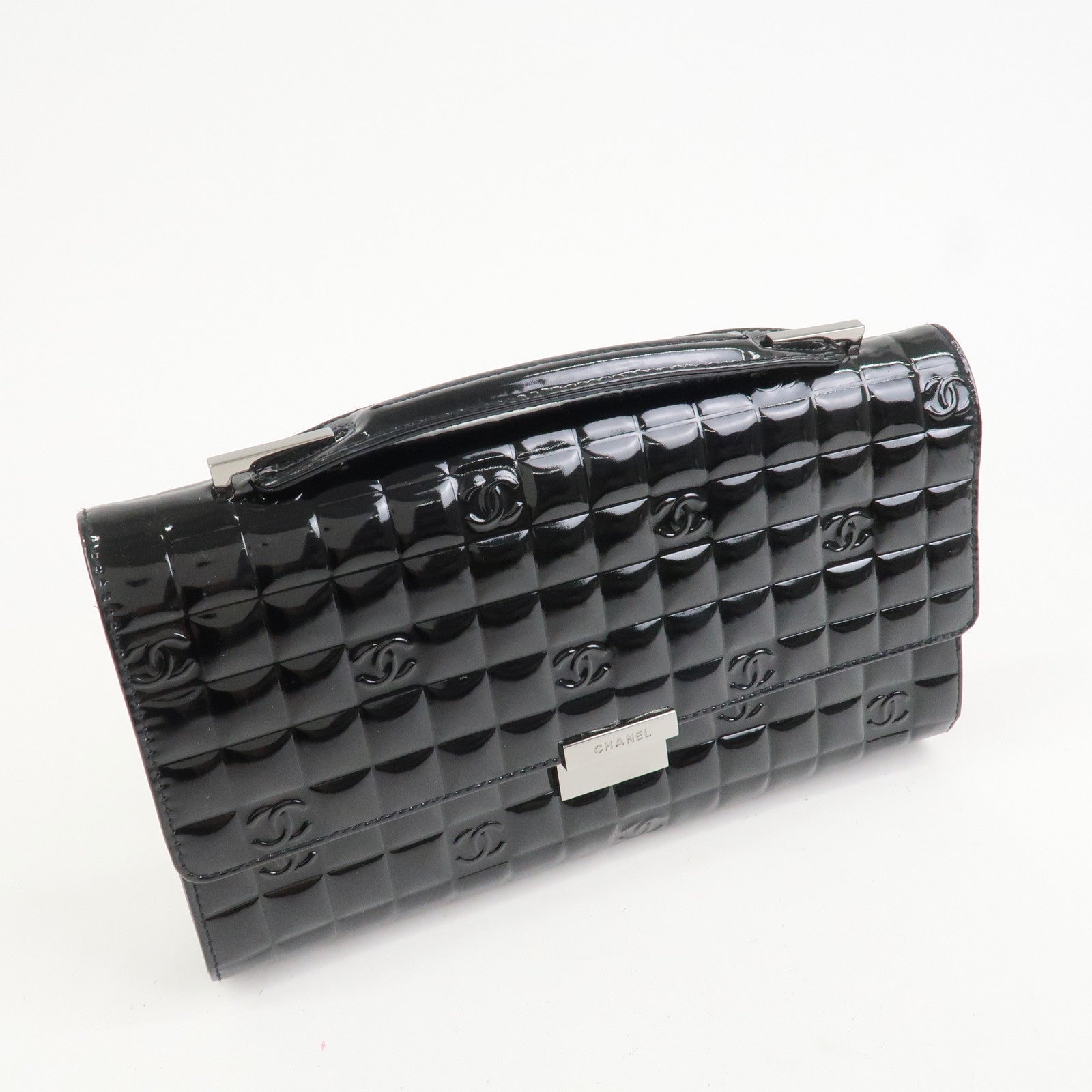 CHANEL Chocolate Bar COCO Mark Patent Leather Hand Bag Black