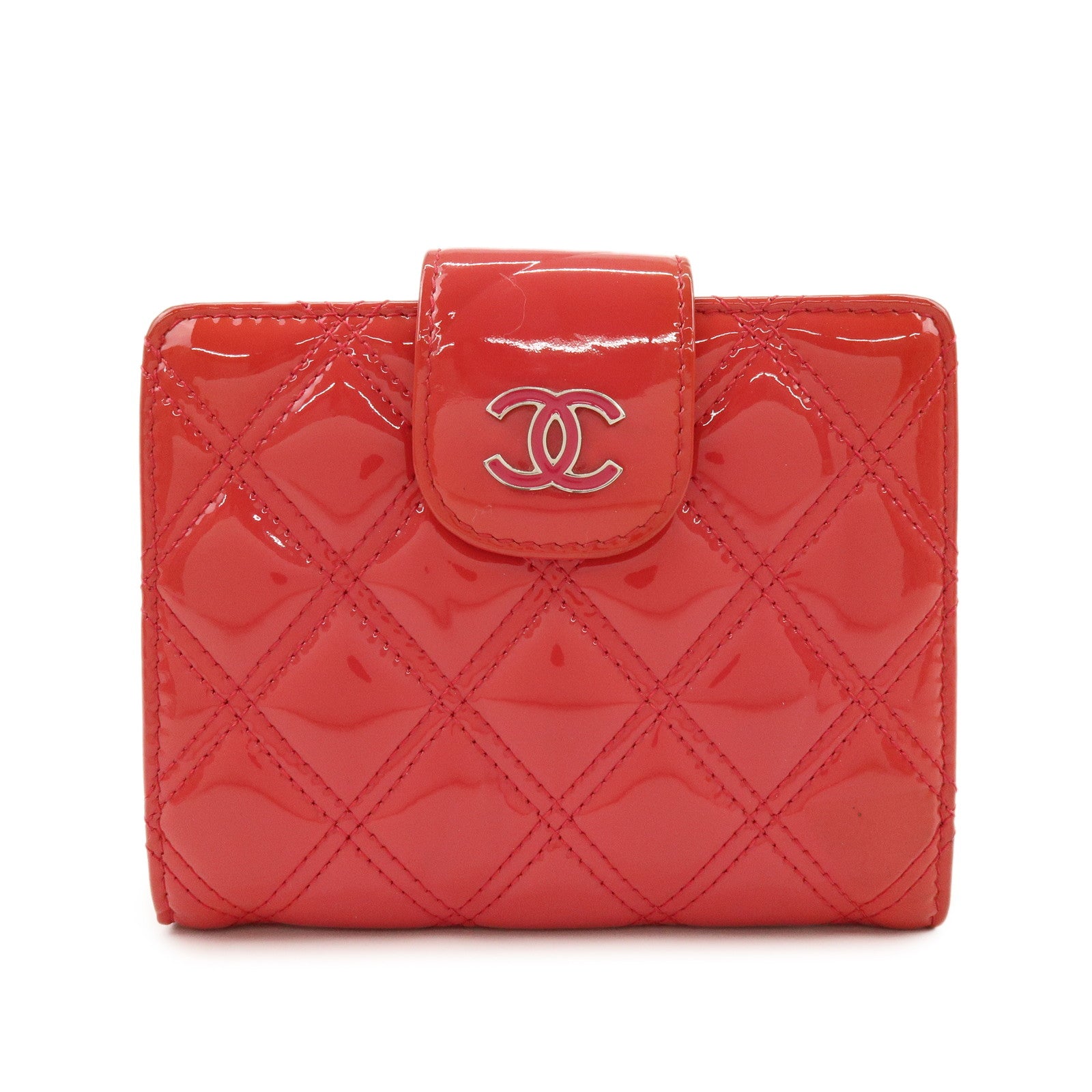 CHANEL COCO Mark Bicolore Patent Leather Compact Wallet Red