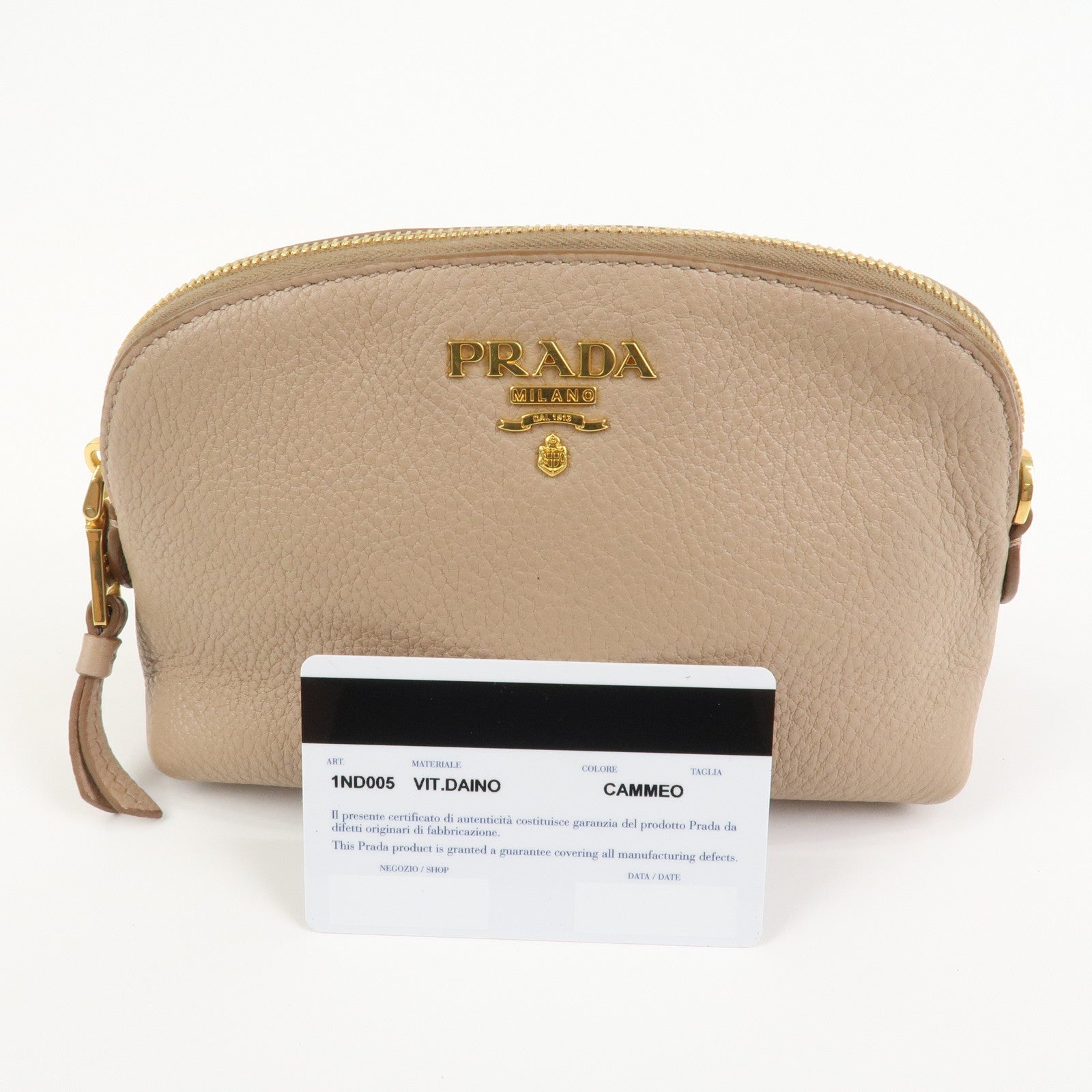 PRADA Logo Leather Cosmetic Pouch Clutch Beige 1ND005