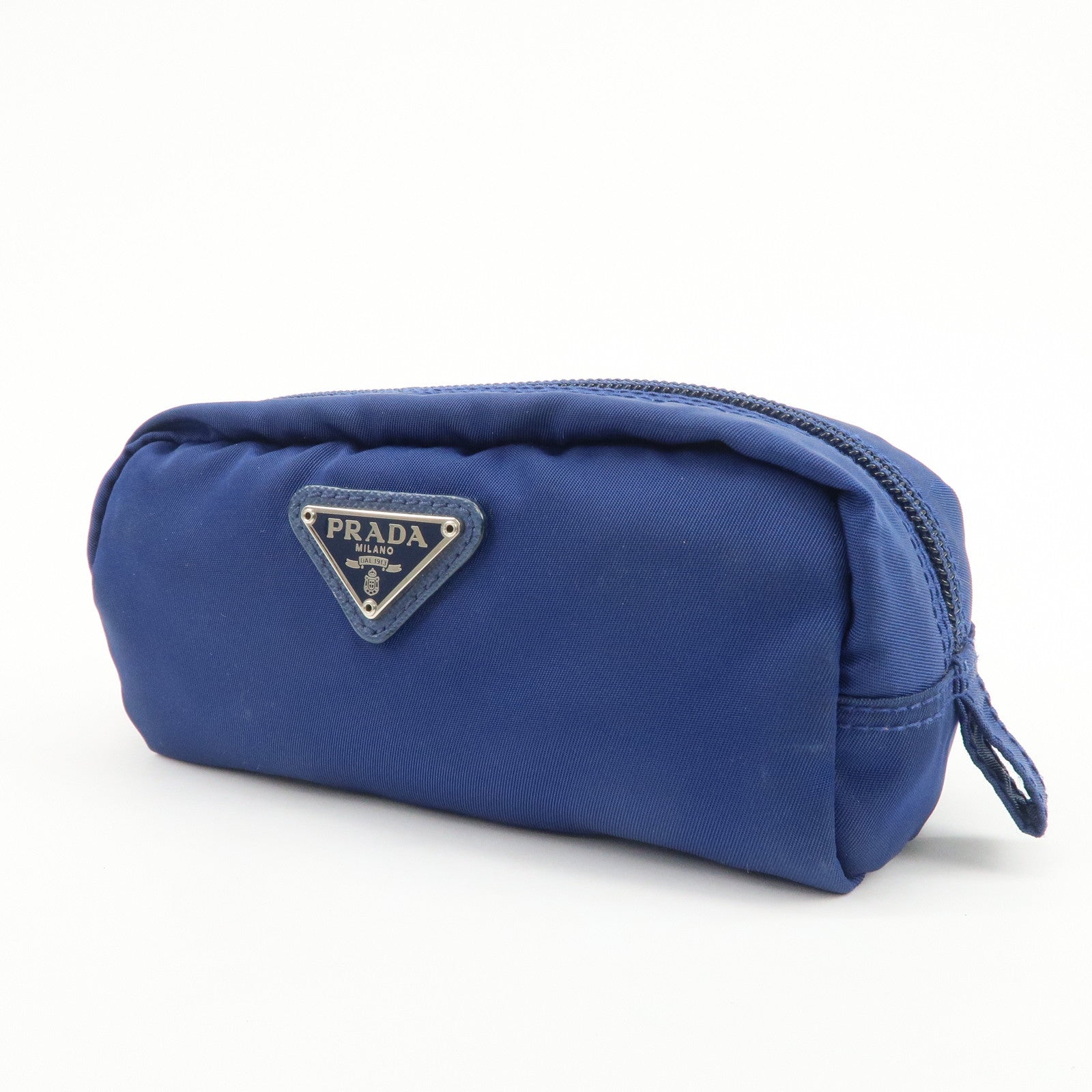 PRADA Triangle Logo Nylon Leather Cosmetic Pouch Blue 1N0175