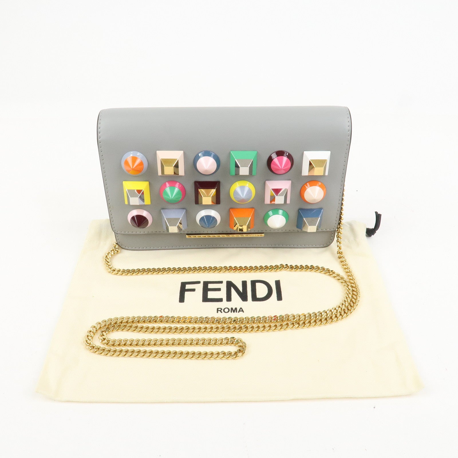 FENDI Leather Studs Shoulder Bag Hand Bag Grey 8M0346