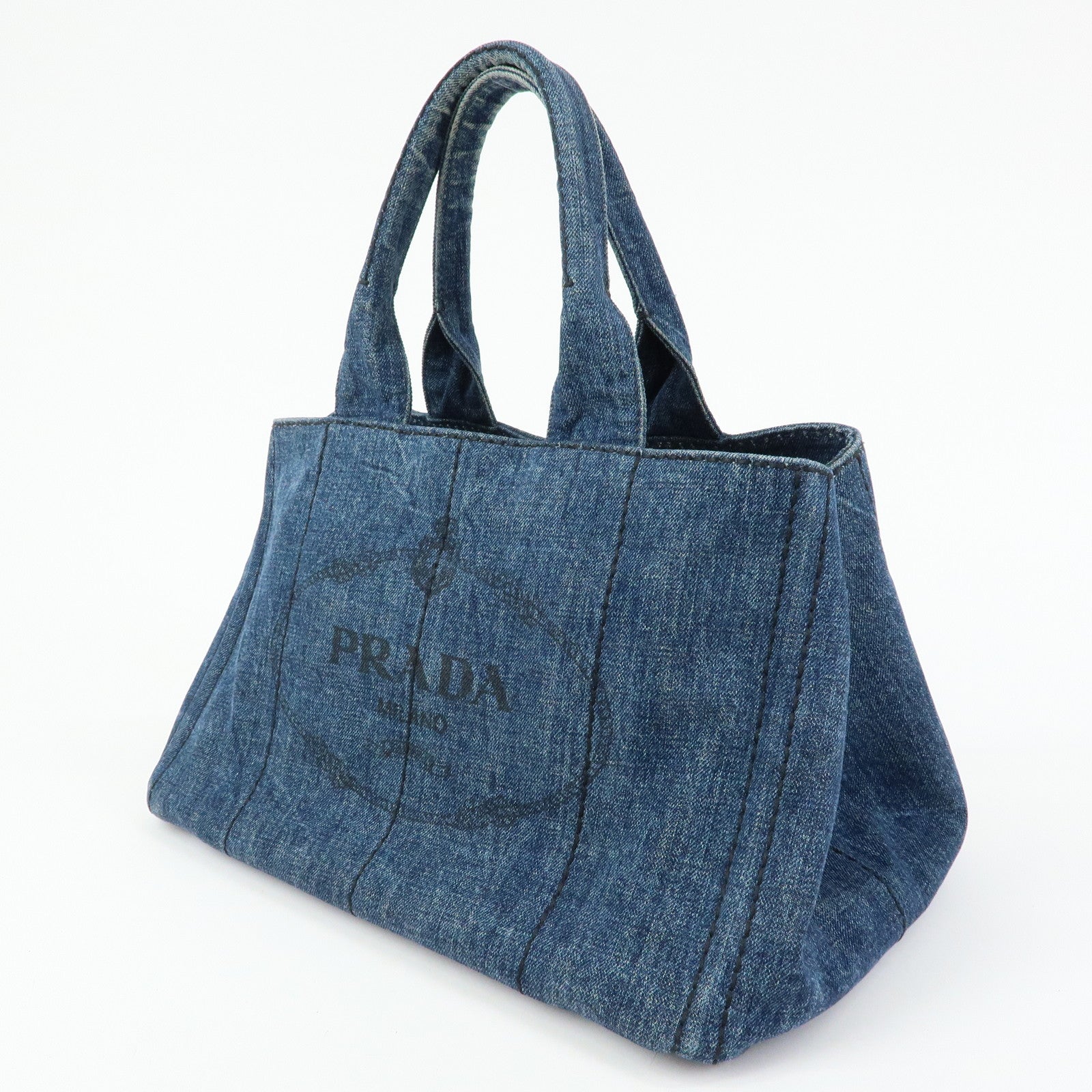 PRADA Logo Canapa Canvas Denim Tote Bag Hand Bag B1877B
