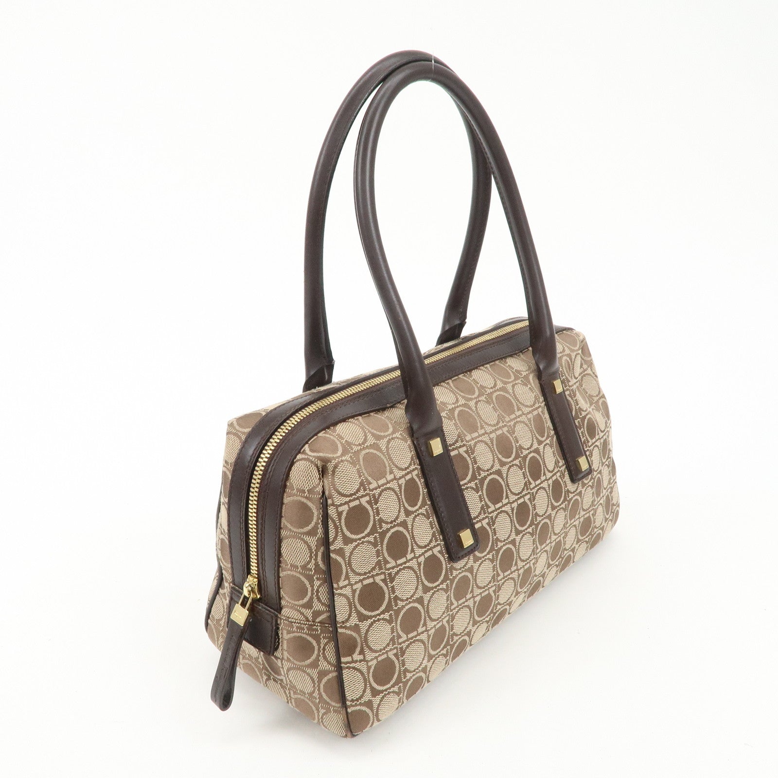 Ferragamo Gancini Leather Canvas Shoulder Bag Hand Bag Beige Brown