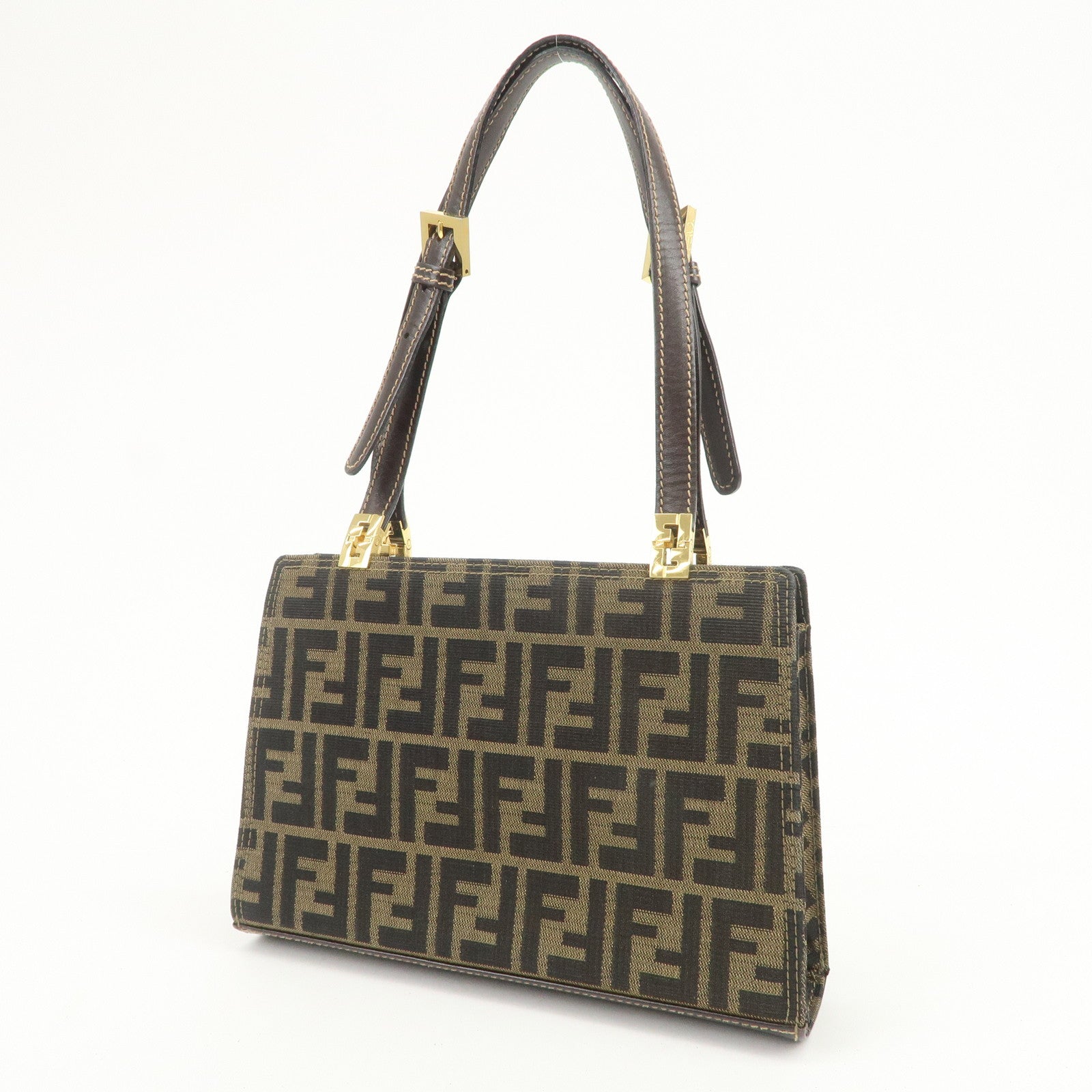 FENDI Zucca Canvas Leather Shoulder Bag Hand Bag Brown Black