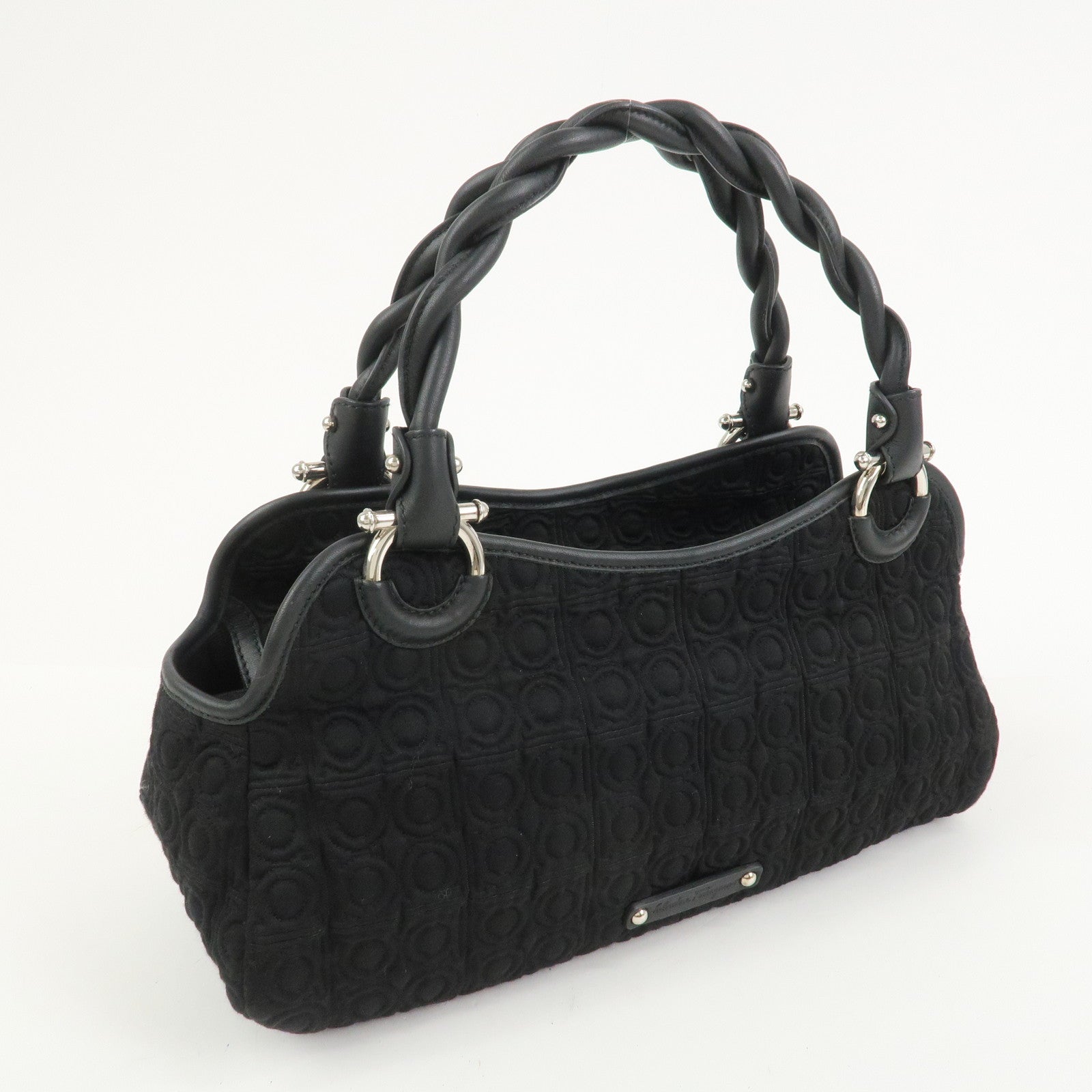 Ferragamo Gancini Canvas Leather Hand Bag Black Silver