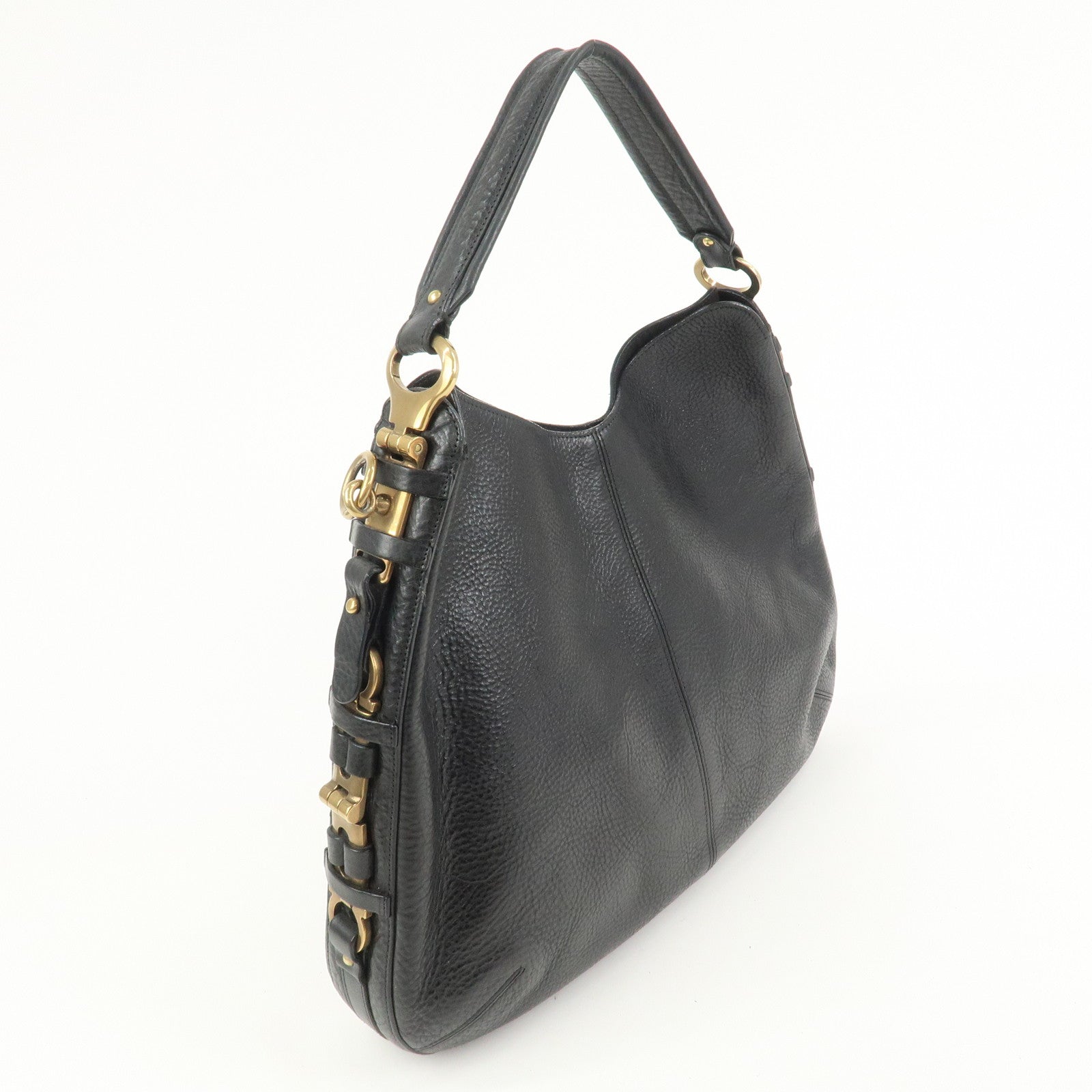 Ferragamo Gancini Calf Leather Shoulder Bag Hand Bag Black