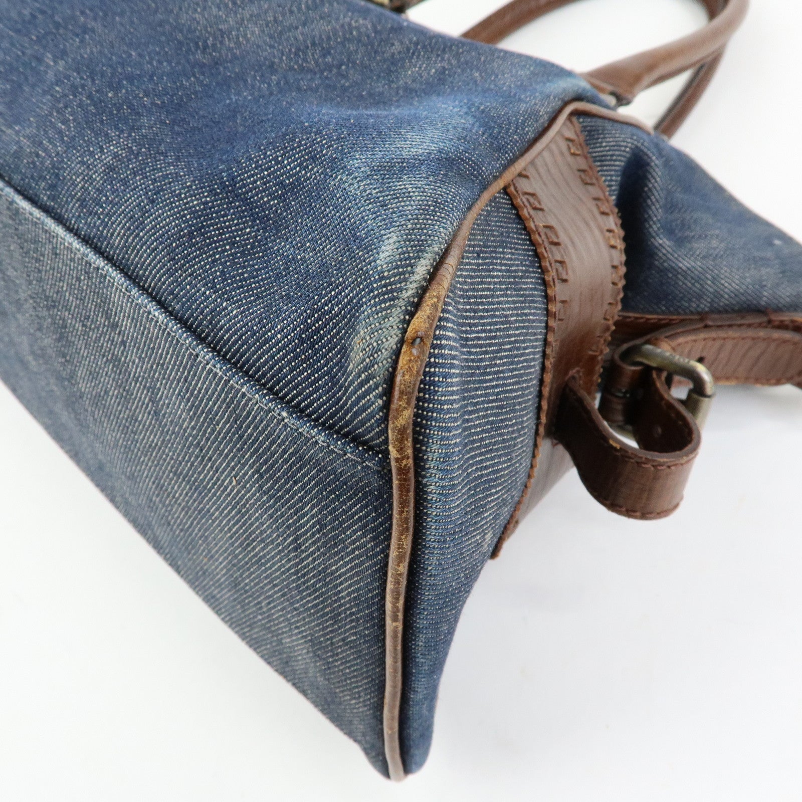 FENDI Etnico Denim Leather Shoulder Bag Indigo Blue Brown 8BN157