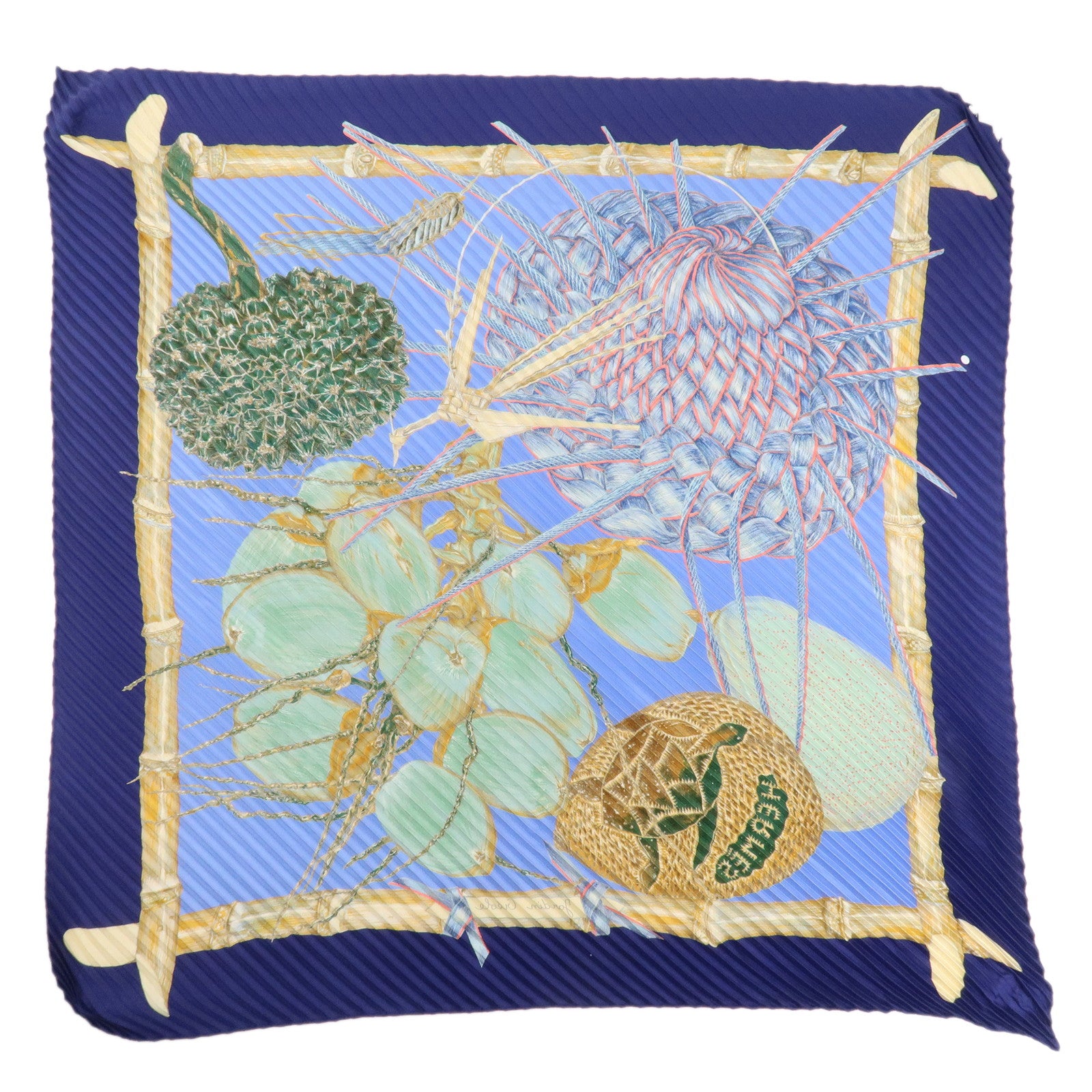 HERMES Carre Silk 100% Pleats Scarf Jardin Creole Blue Green Navy Used