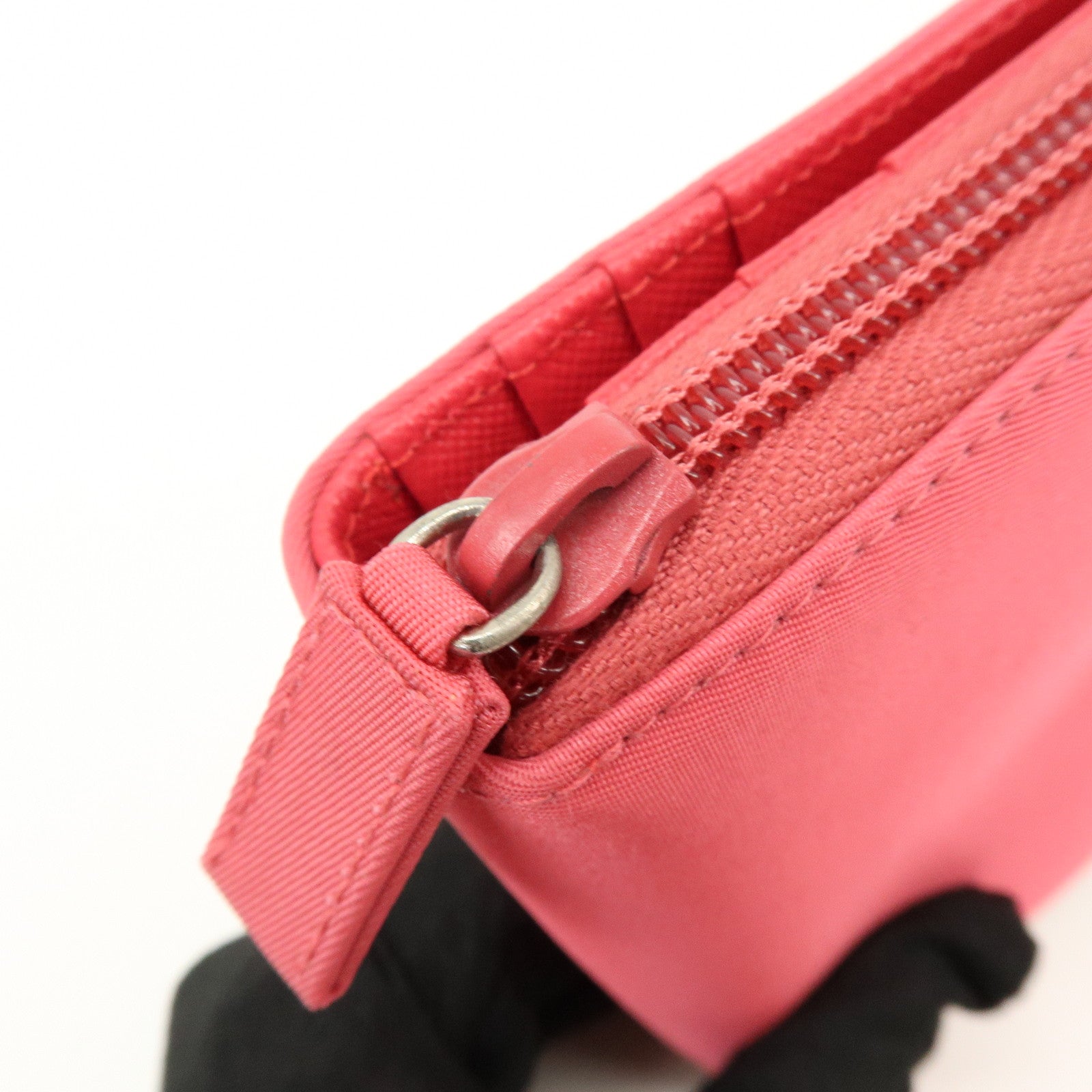 PRADA Triangle Logo Nylon Leather Round Zippy Compact Wallet Pink