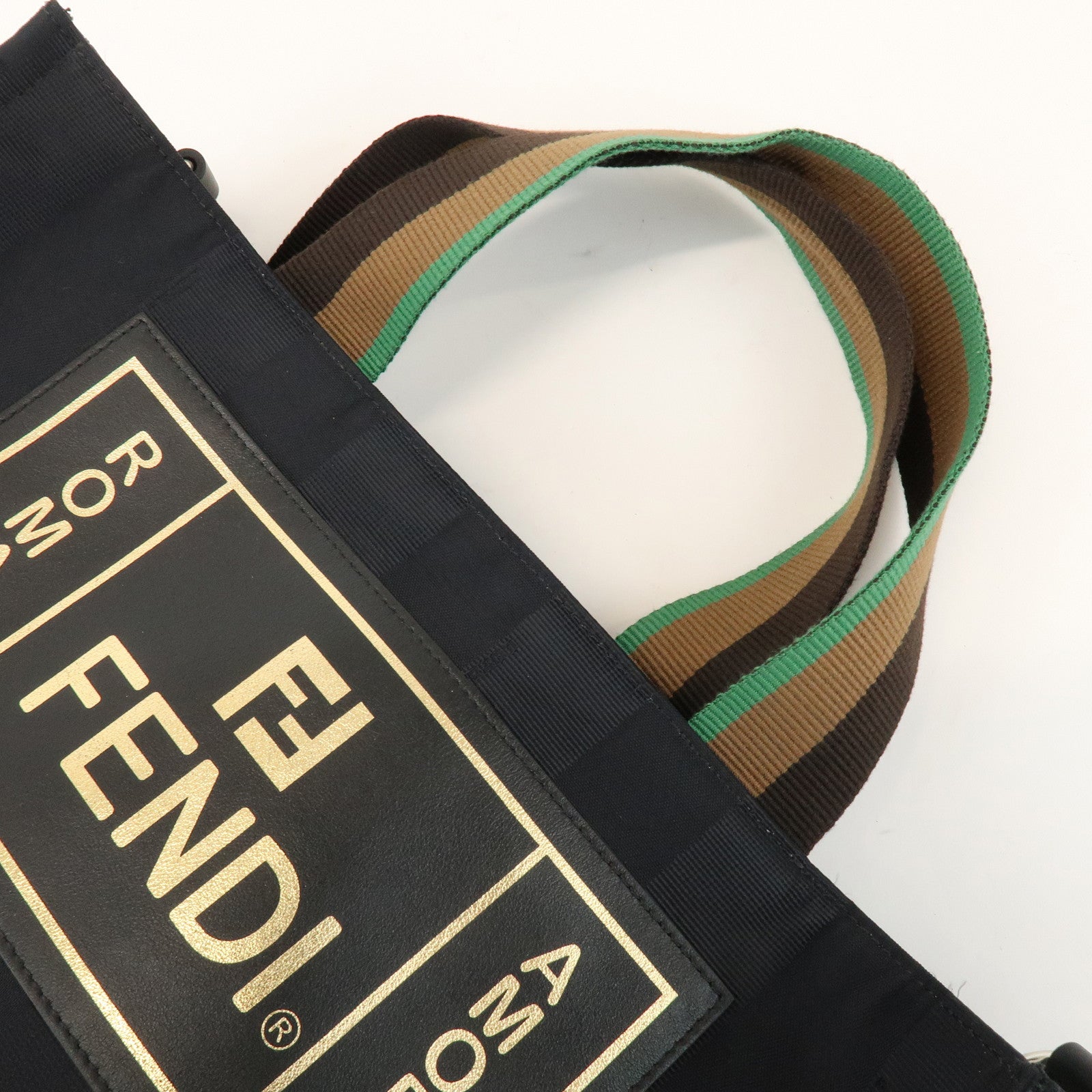 FENDI Pequin Nylon Leather Tote Bag Hand Bag Black 7VA454