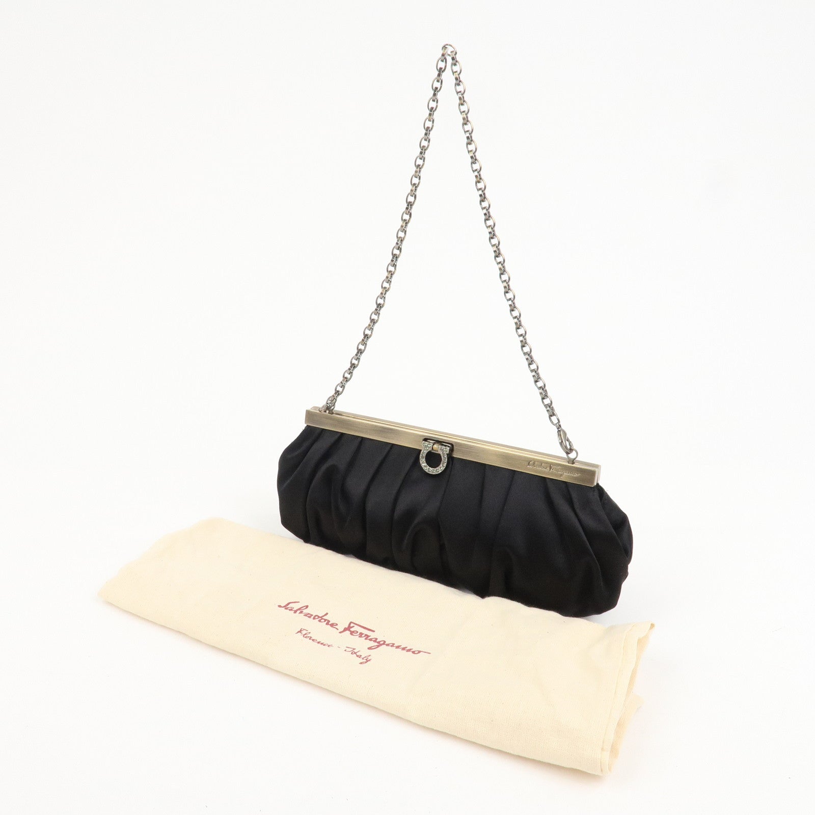 Ferragamo Gancini Satin Chain 2Way Bag Clutch Bag Black