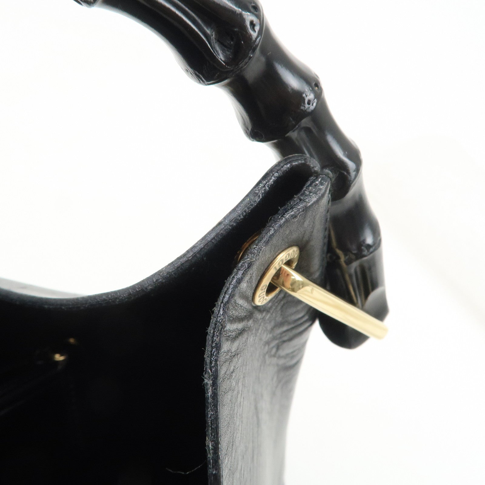 GUCCI Bamboo Leather Shoulder Bag Hand Bag Black Gold