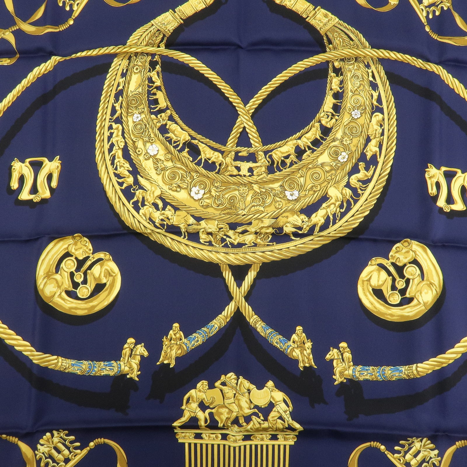 HERMES Carre 90 Silk 100% Scarf LES CAVALIERS D'OR Navy Gold
