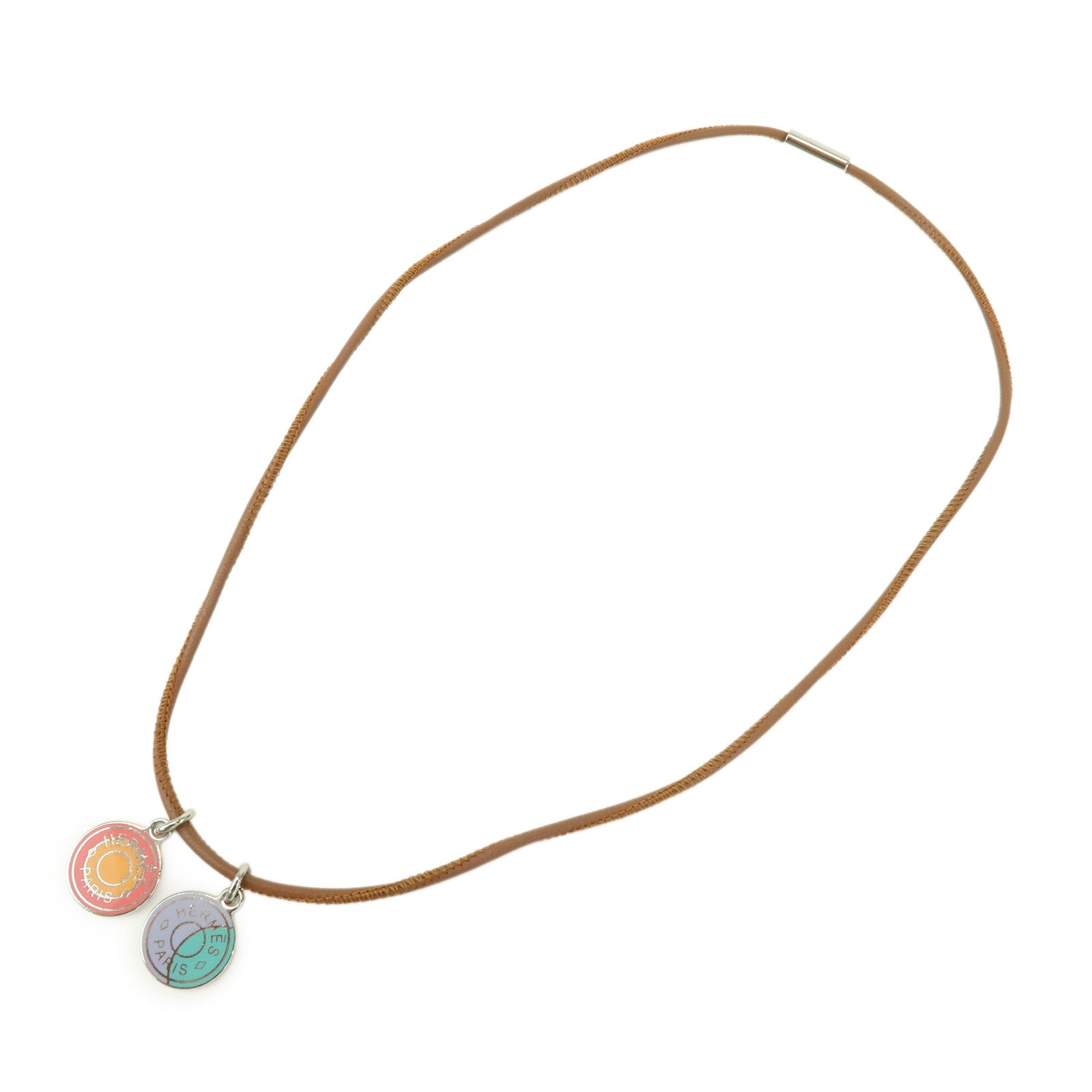 HERMES Logo Leather Metal Necklace Brown Pink Light Blue