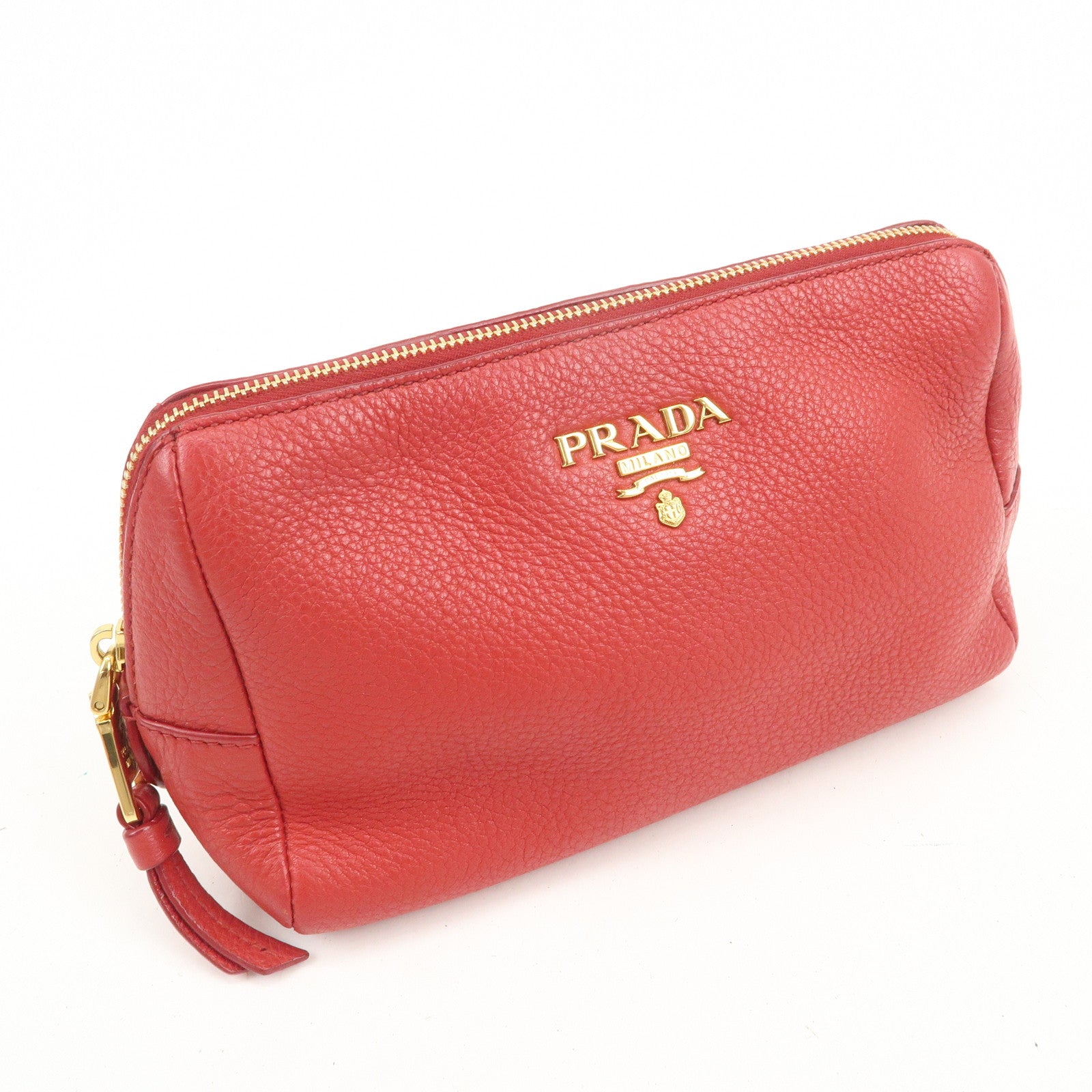 PRADA Logo Leather Pouch Cosmetic Pouch Red