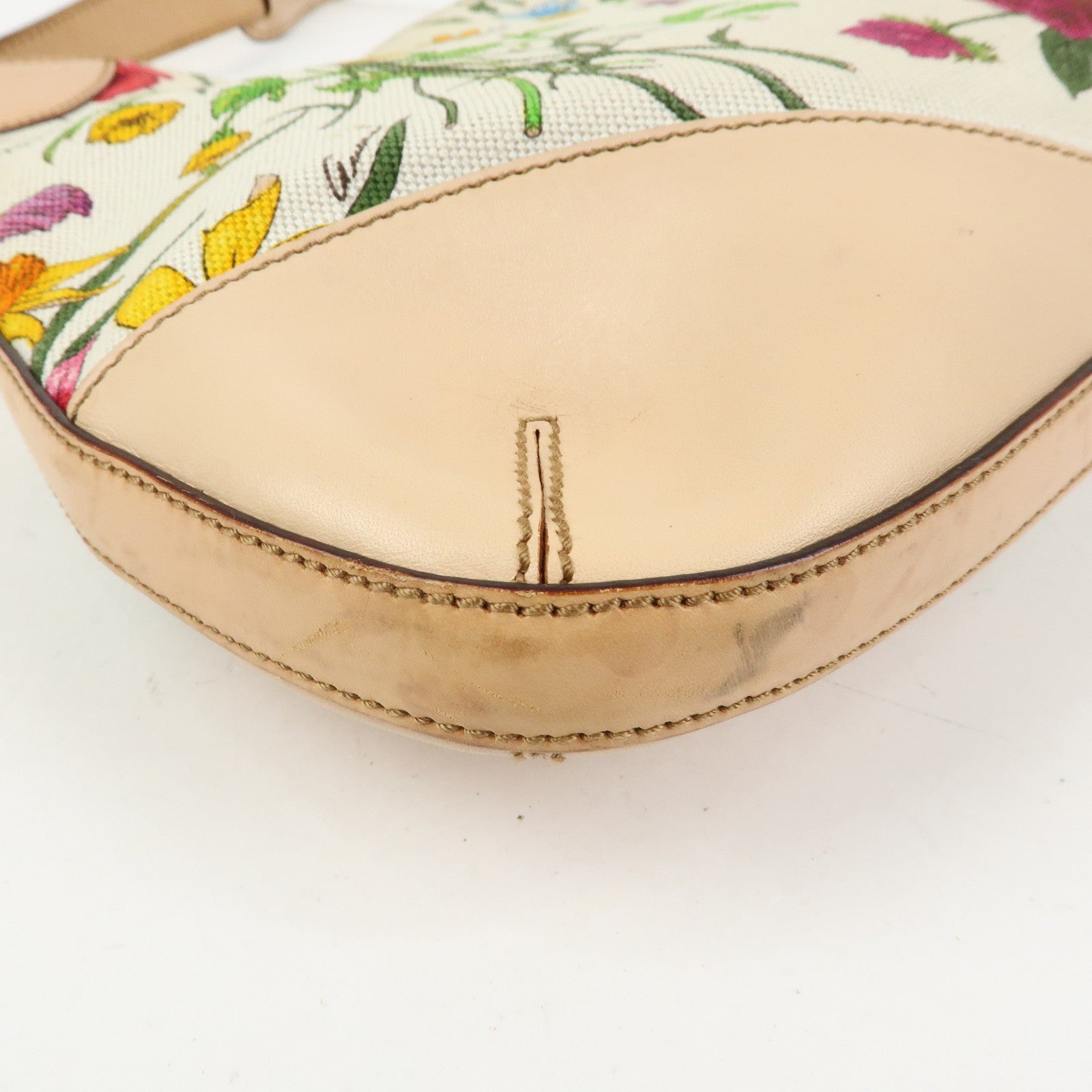 GUCCI Horsebit Flora Leather Canvas Shoulder Bag Beige White 137388