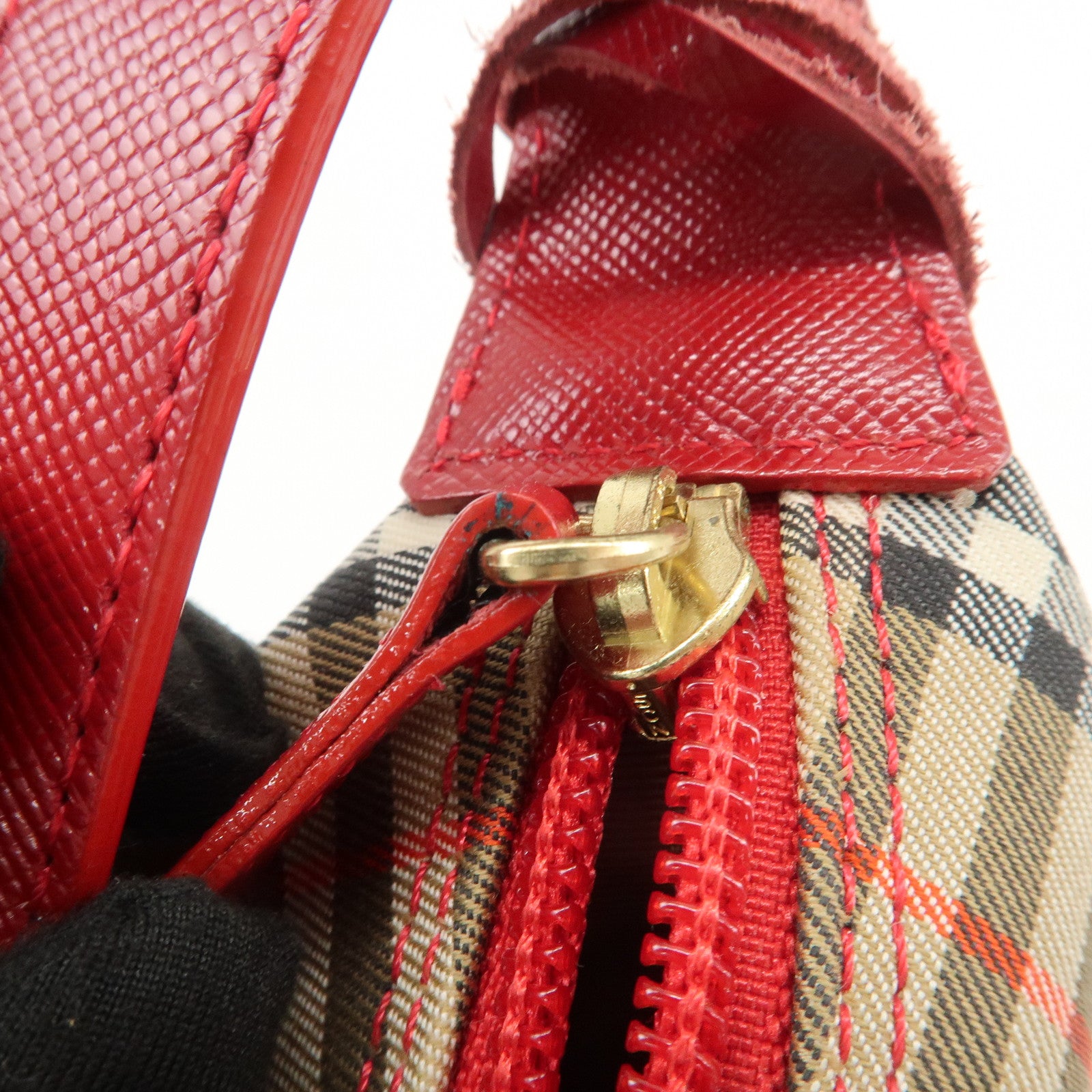 BURBERRY Nova Plaid Canvas Leather Hand Bag Shoulder Bag Beige Red