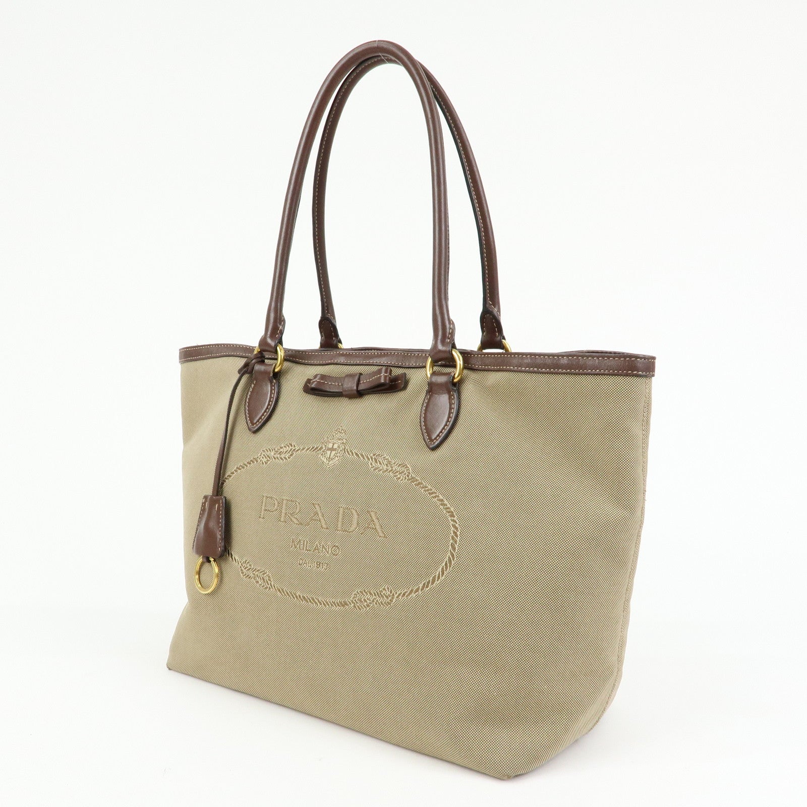 PRADA Triangle Logo Jacquard Leather Tote Bag Beige Brown 1BG158