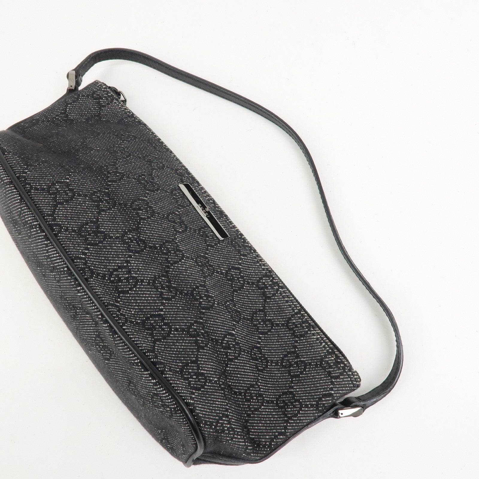 GUCCI Boat Bag Logo GG Canvas Leather Pouch Hand Bag Black 07198