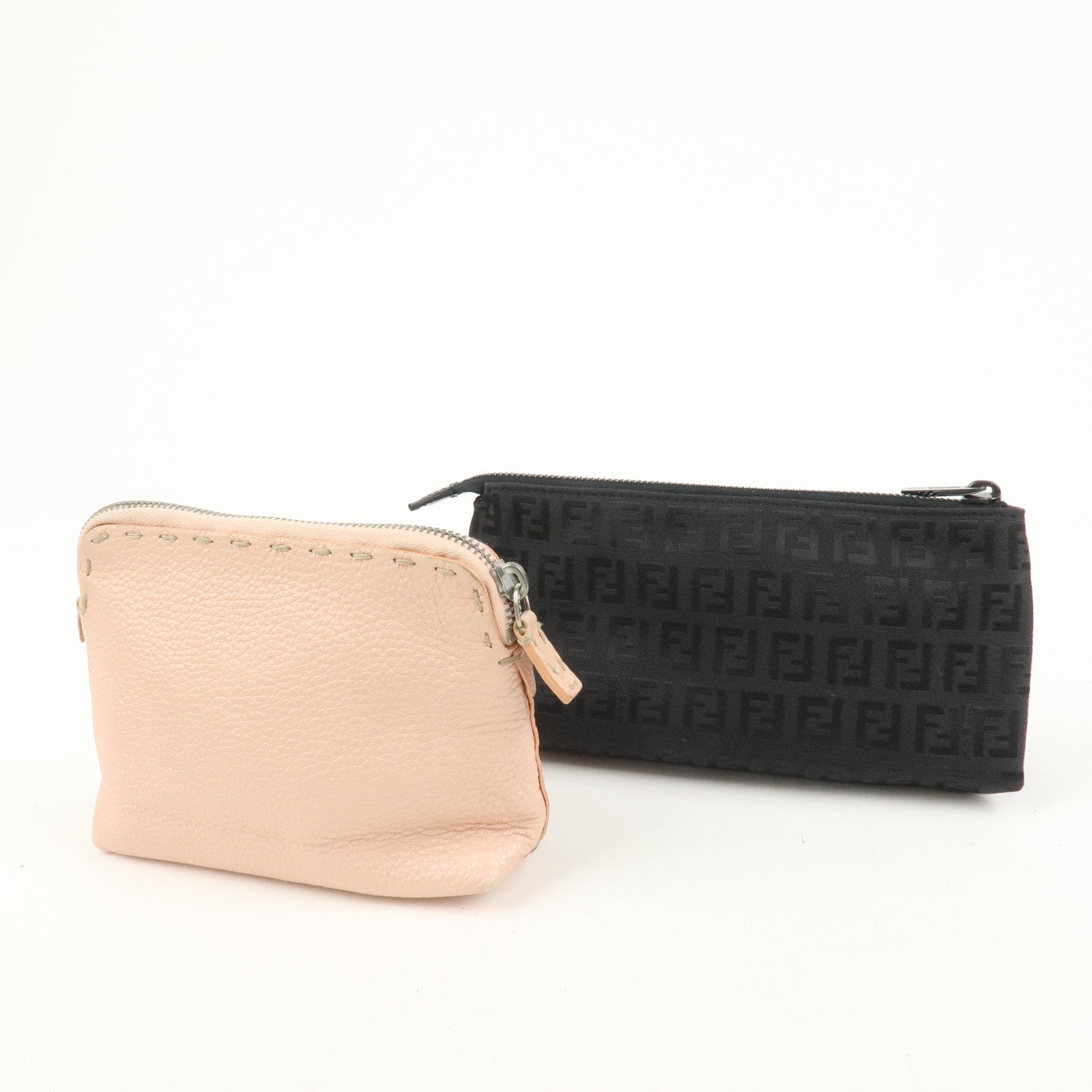 FENDI Set Of 2 Leather Zucchino Canvas Pouch Pink 8N0036 7N0038