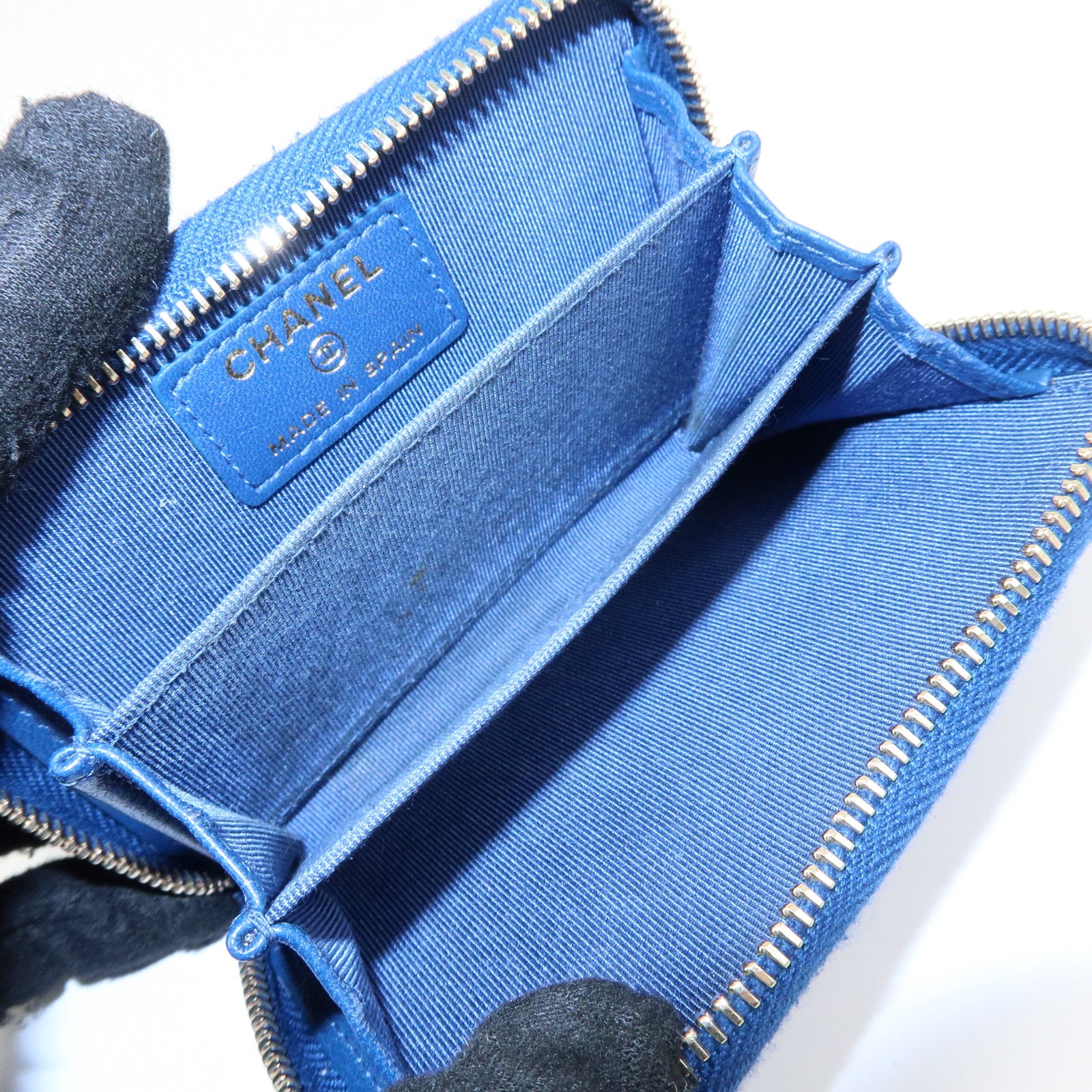 CHANEL Matelasse COCO Mark Lamb Skin Coin Case Card Case Blue