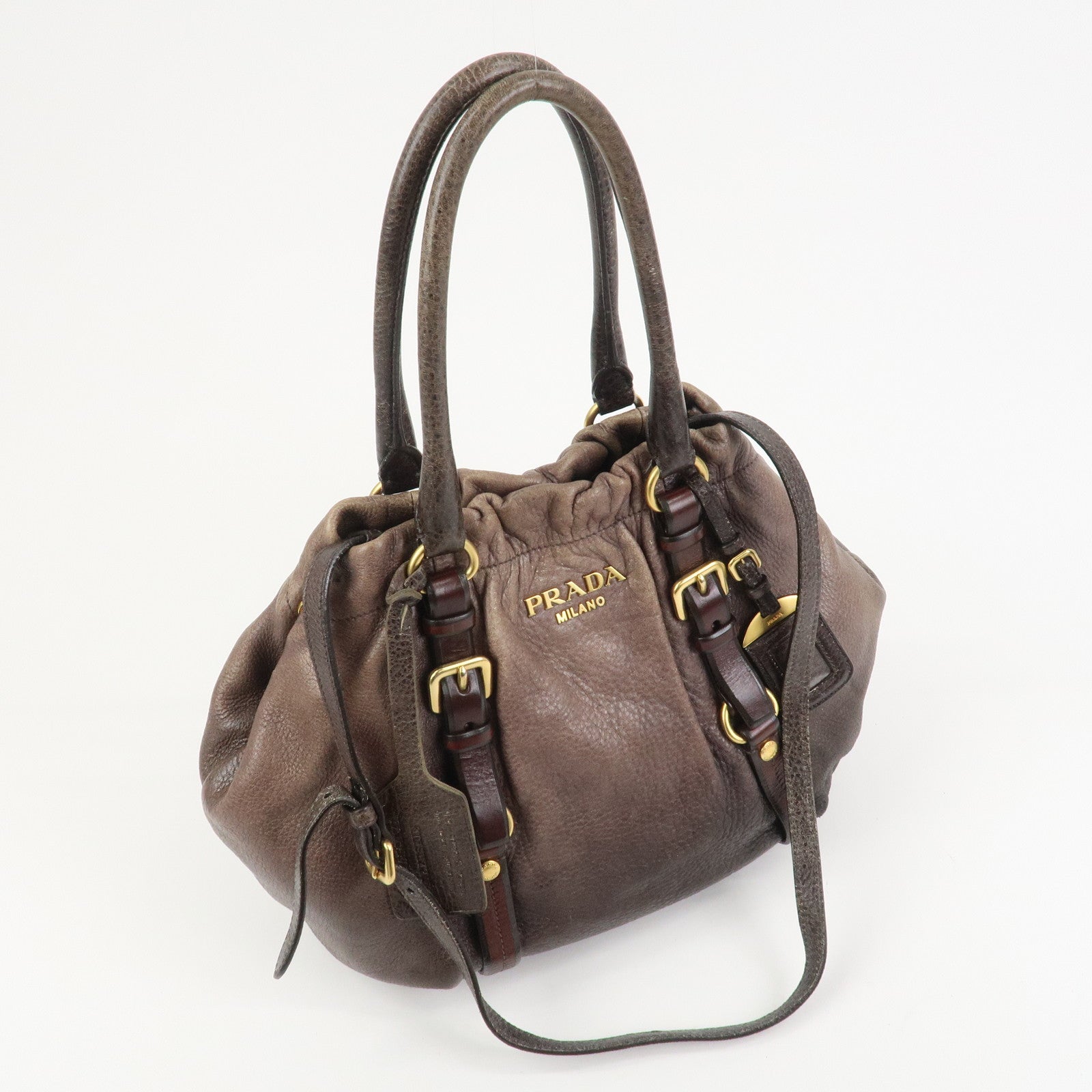 PRADA Leather 2Way Bag Hand Bag Shoulder Bag Brown