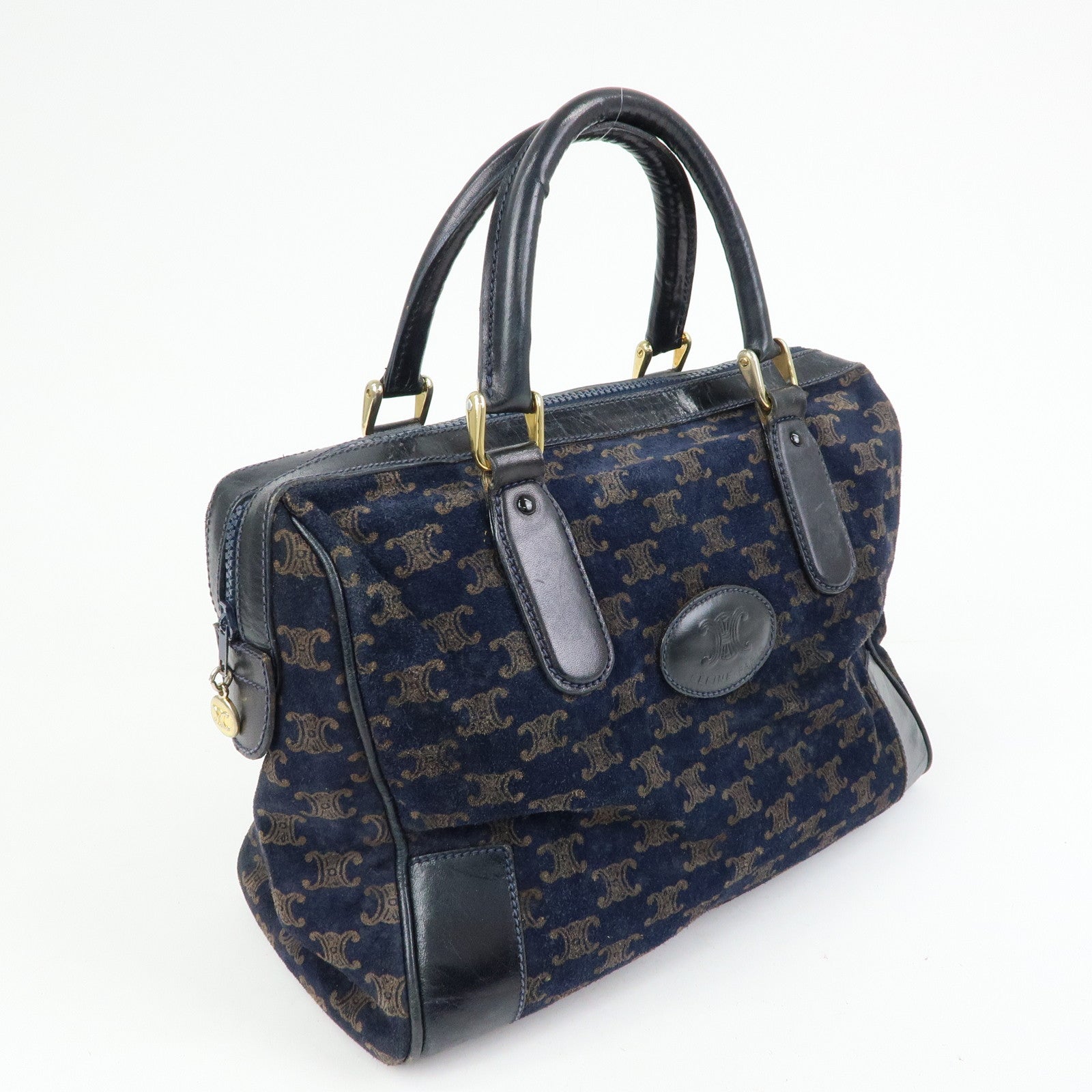 CELINE Macadam Leather Suede Hand Bag Boston Bag Navy