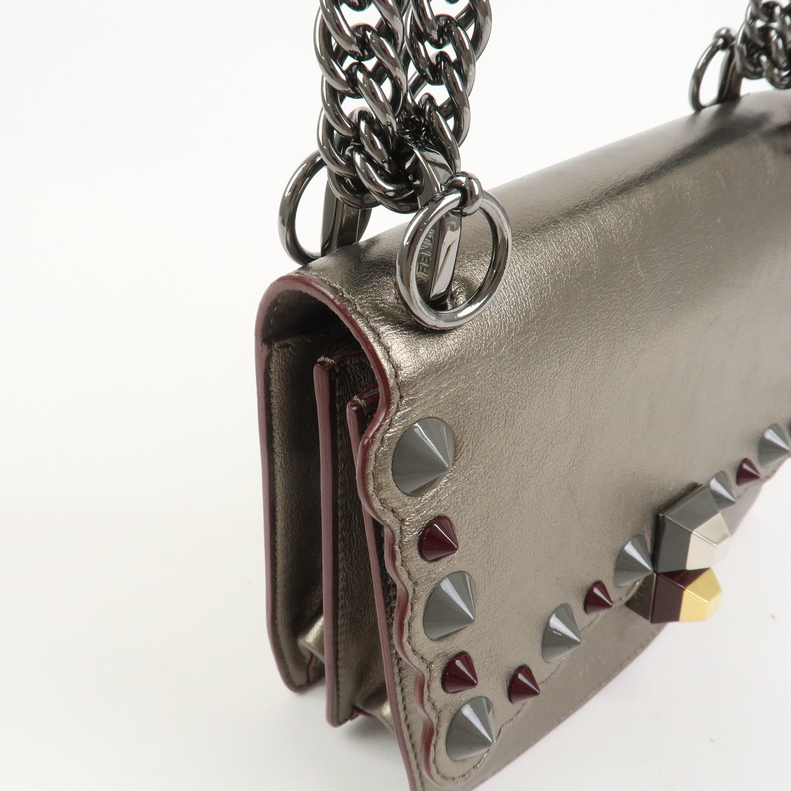 FENDI Mini Kan I Leather Chain Shoulder Bag Metallic Gray 8M0381