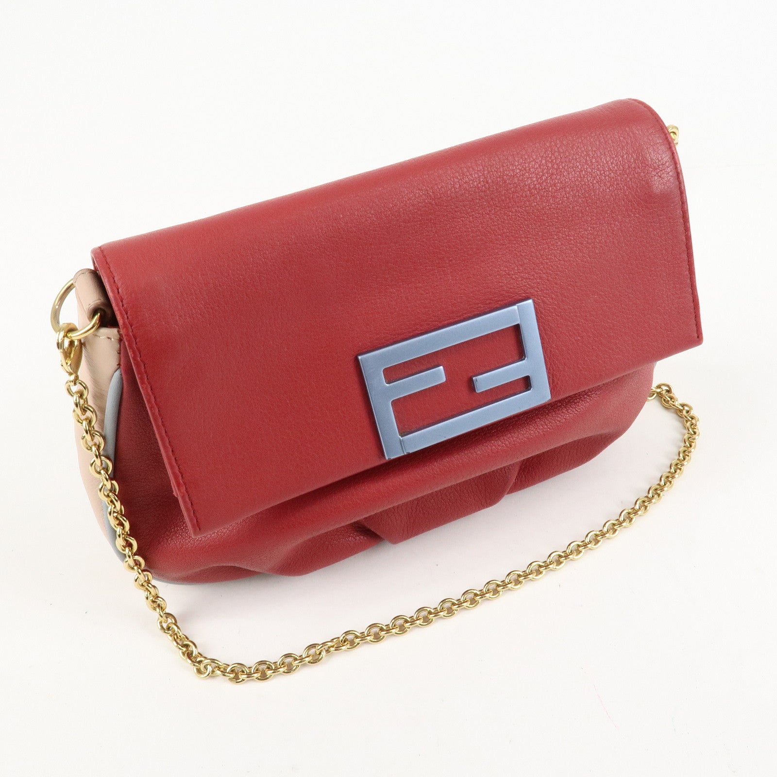 FENDI Leather Chain Shoulder Bag Purse Crossbody Bag Red 8M0276 Used