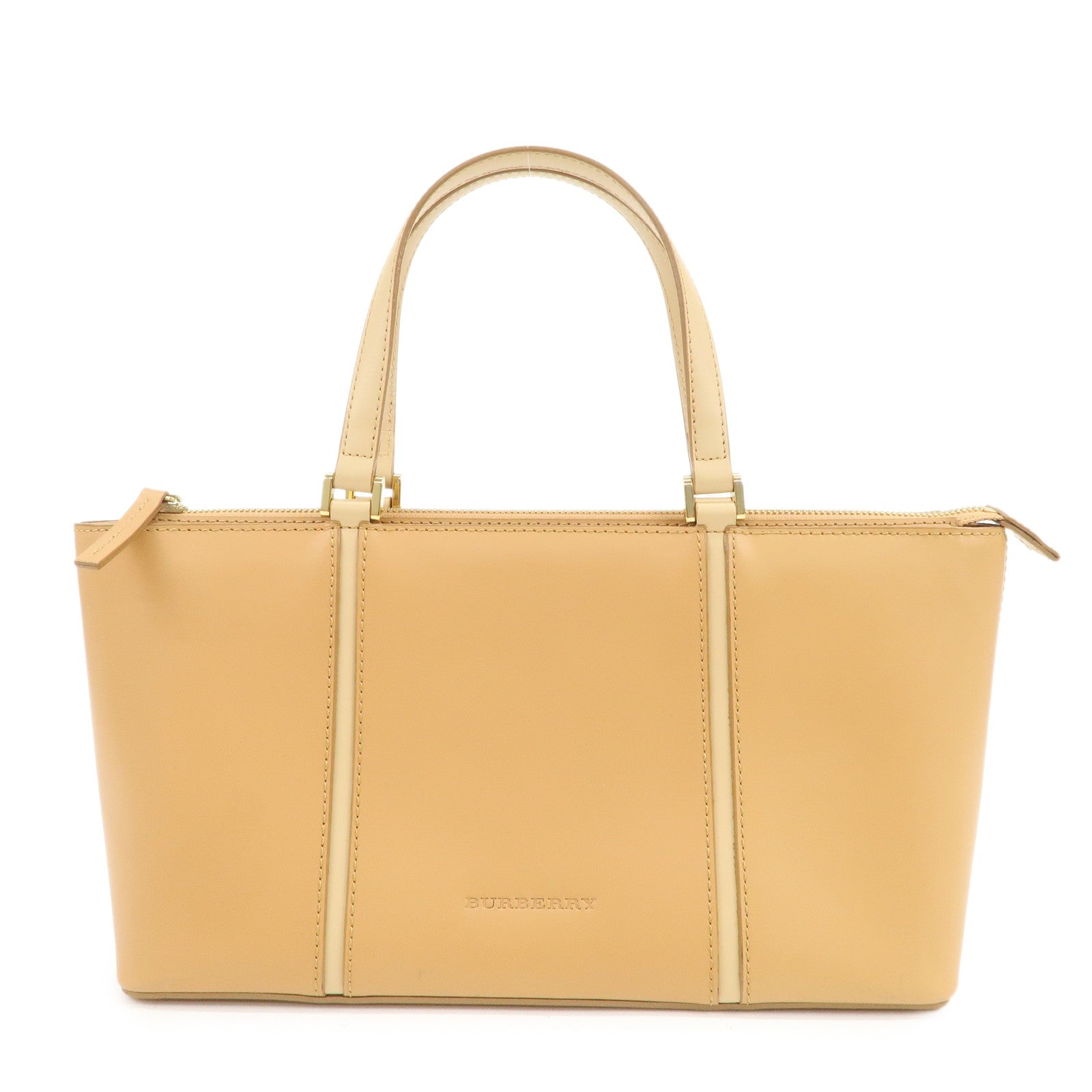 BURBERRY Nova Plaid Logo Leather Hand Bag Light Brown