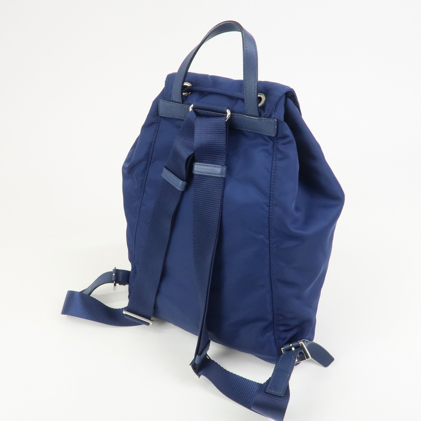 PRADA Triangle Logo Nylon Saffiano Leather Backpack Navy BZ0032