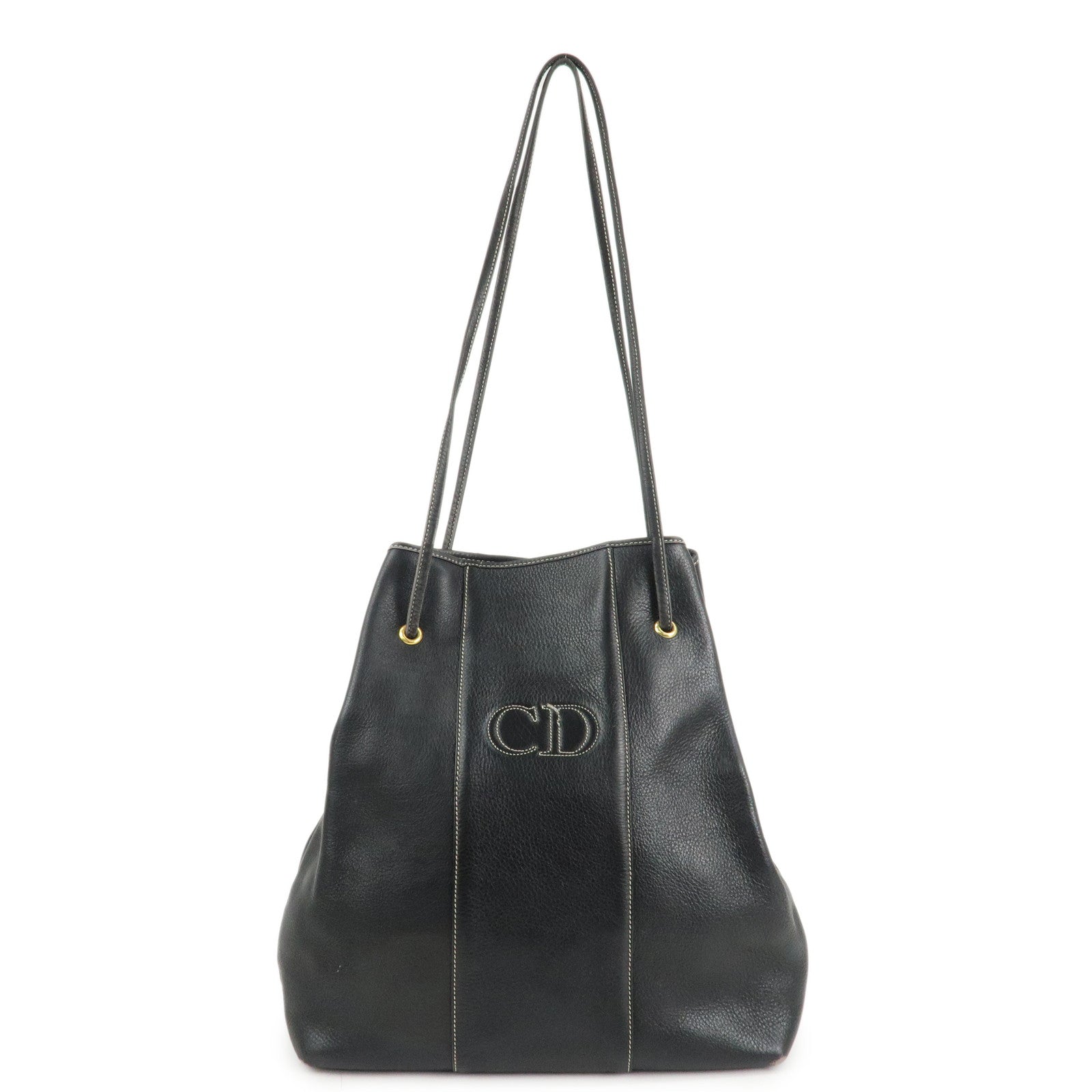 Christian Dior Leather CD Logo Drawstring Shoulder Bag Black Used