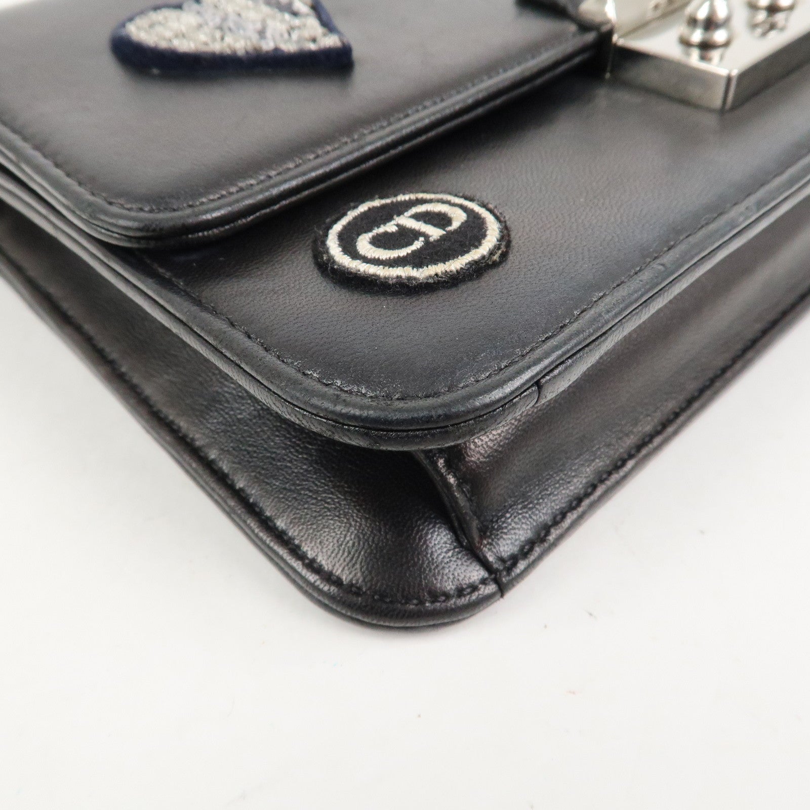 Christian Dior Leather Chain Shoulder Bag Heart Embroidery Black