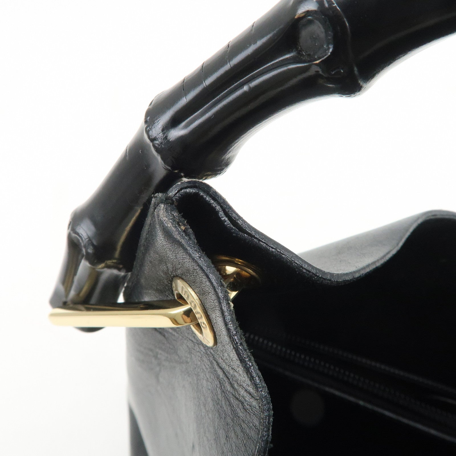 GUCCI Bamboo Leather Shoulder Bag Hand Bag Black Gold