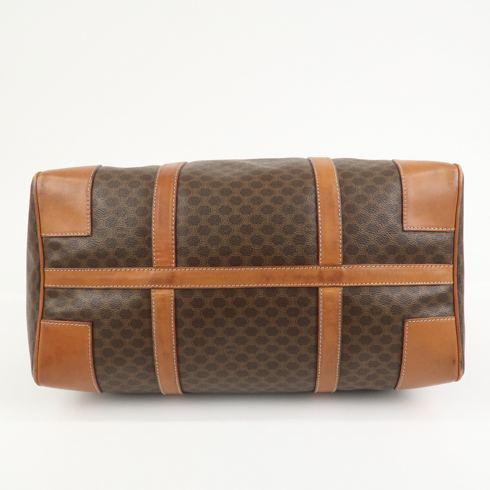 CELINE Macadam PVC Canvas Leather Boston Bag Hand Bag Brown