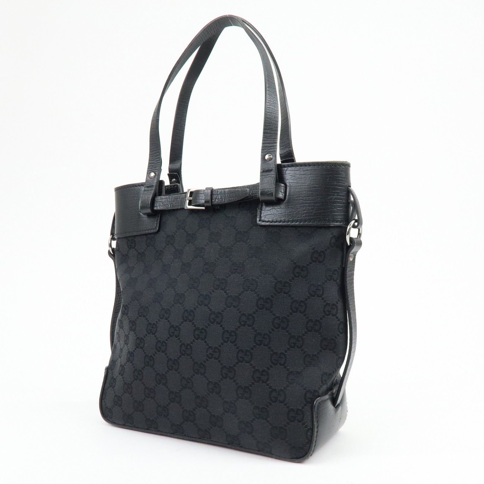 GUCCI GG Canvas Leather Tote Bag Hand Bag Shoulder Bag Black 107757